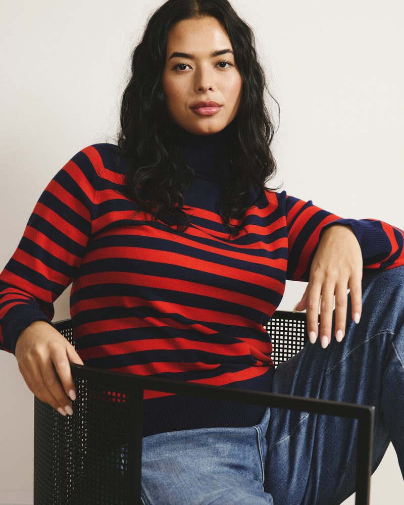 Renee Savvy Fine Knit Raglan Turtleneck - Navy/Red Stripes