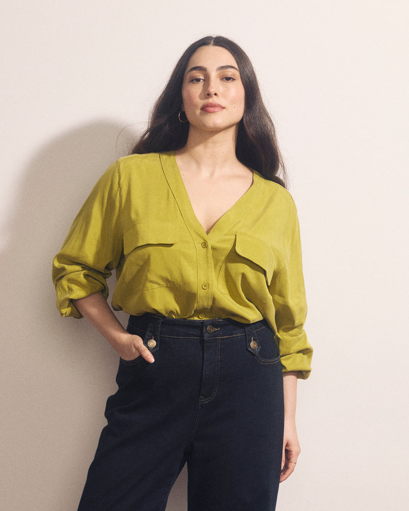 Cooling Stretch Cupro Button-Down Blouse - Twist of Lime