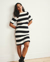 Woman wearing Belle Breton Stripe Jersey Dress - Ecru/Black Rugby Stripe from Universal Standard