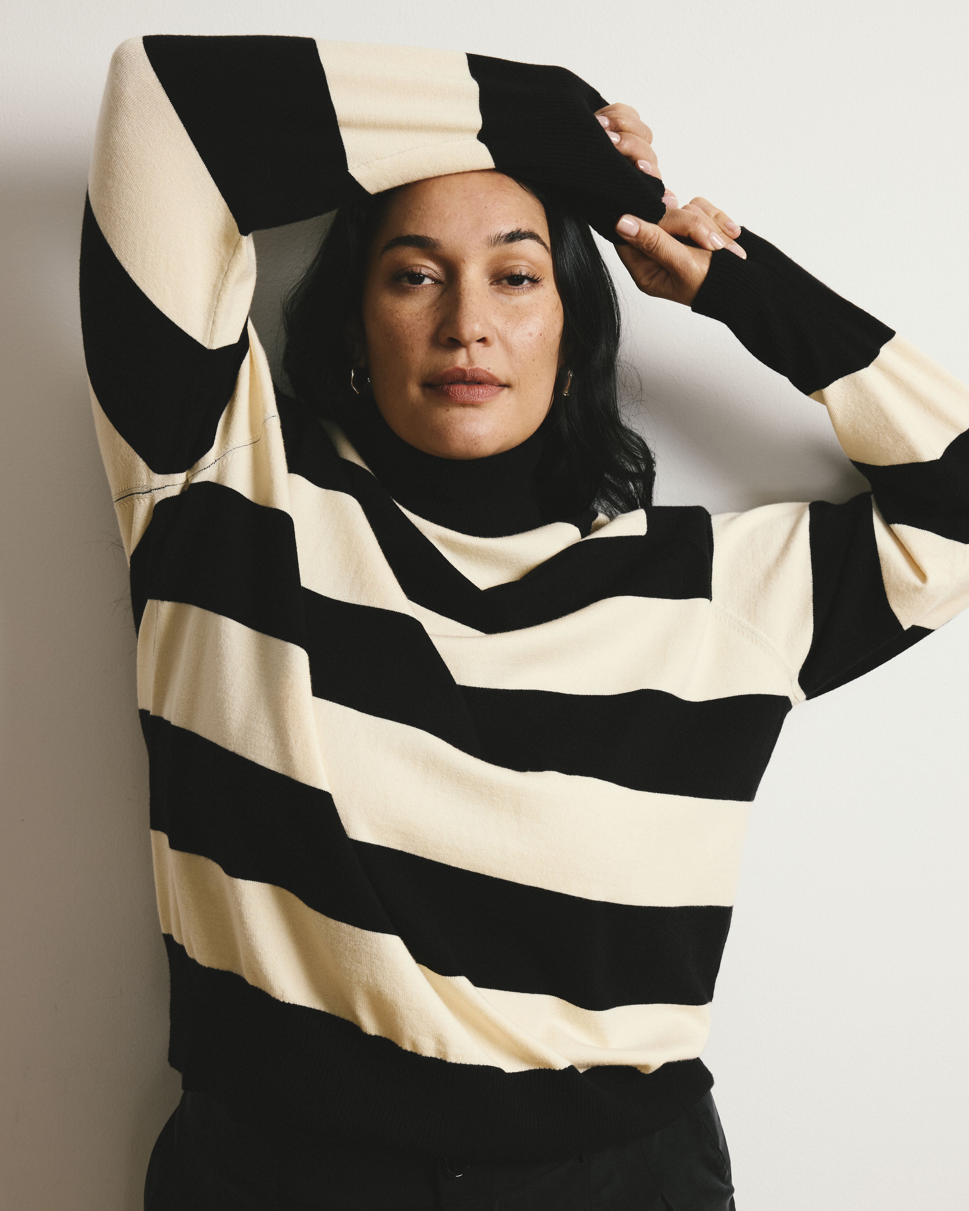 Renee Savvy Fine Knit Raglan Turtleneck - Black/Ecru Rugby Stripe