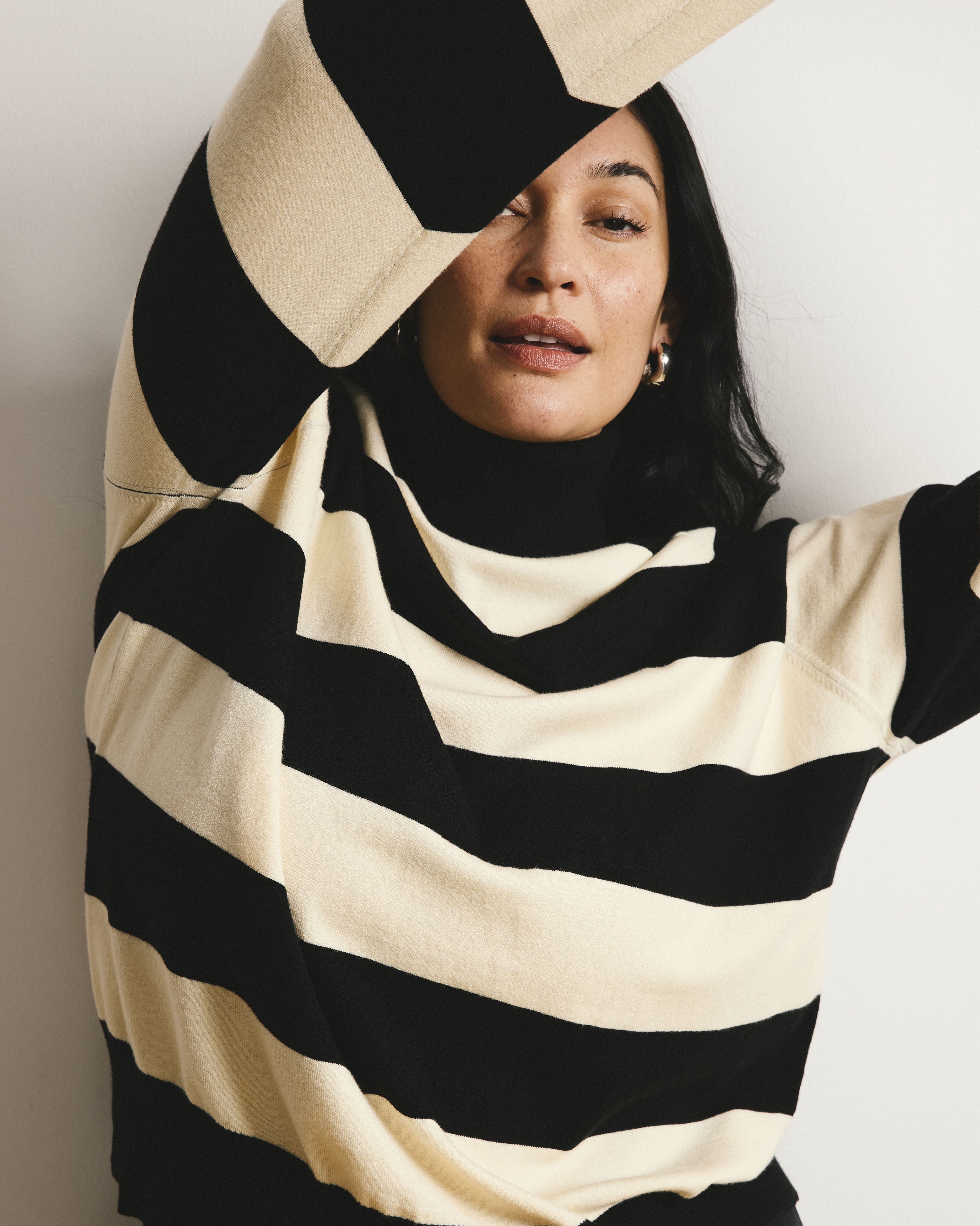 Renee Savvy Fine Knit Raglan Turtleneck - Black/Ecru Rugby Stripe
