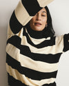 Renee Savvy Fine Knit Raglan Turtleneck - Black/Ecru Rugby Stripe