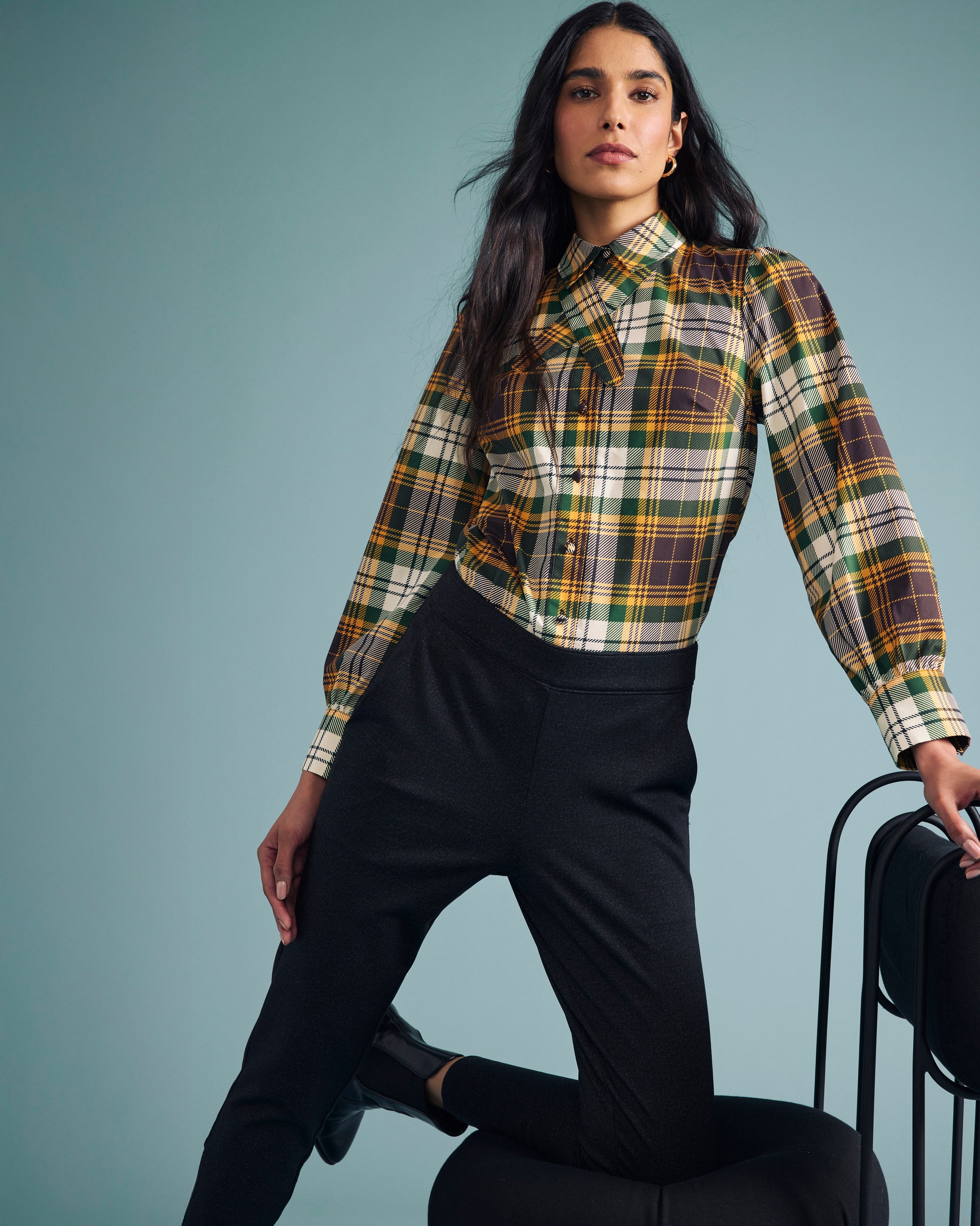 Woman wearing PowerPonte Denim Moro Pants - Charcoal from Fit Liberty