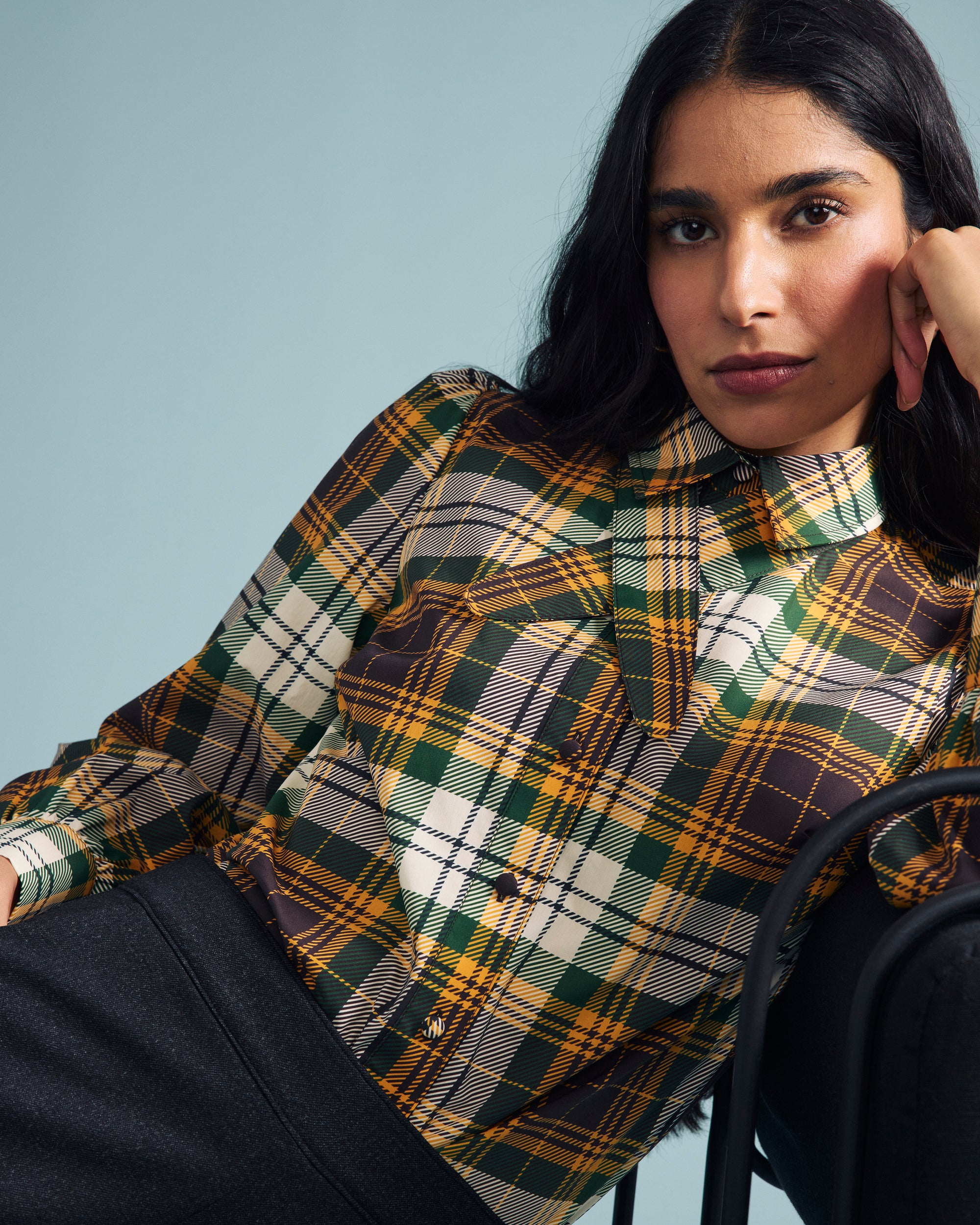 Janet Tie-Neck Cotton Poplin Shirt - Brown Plaid