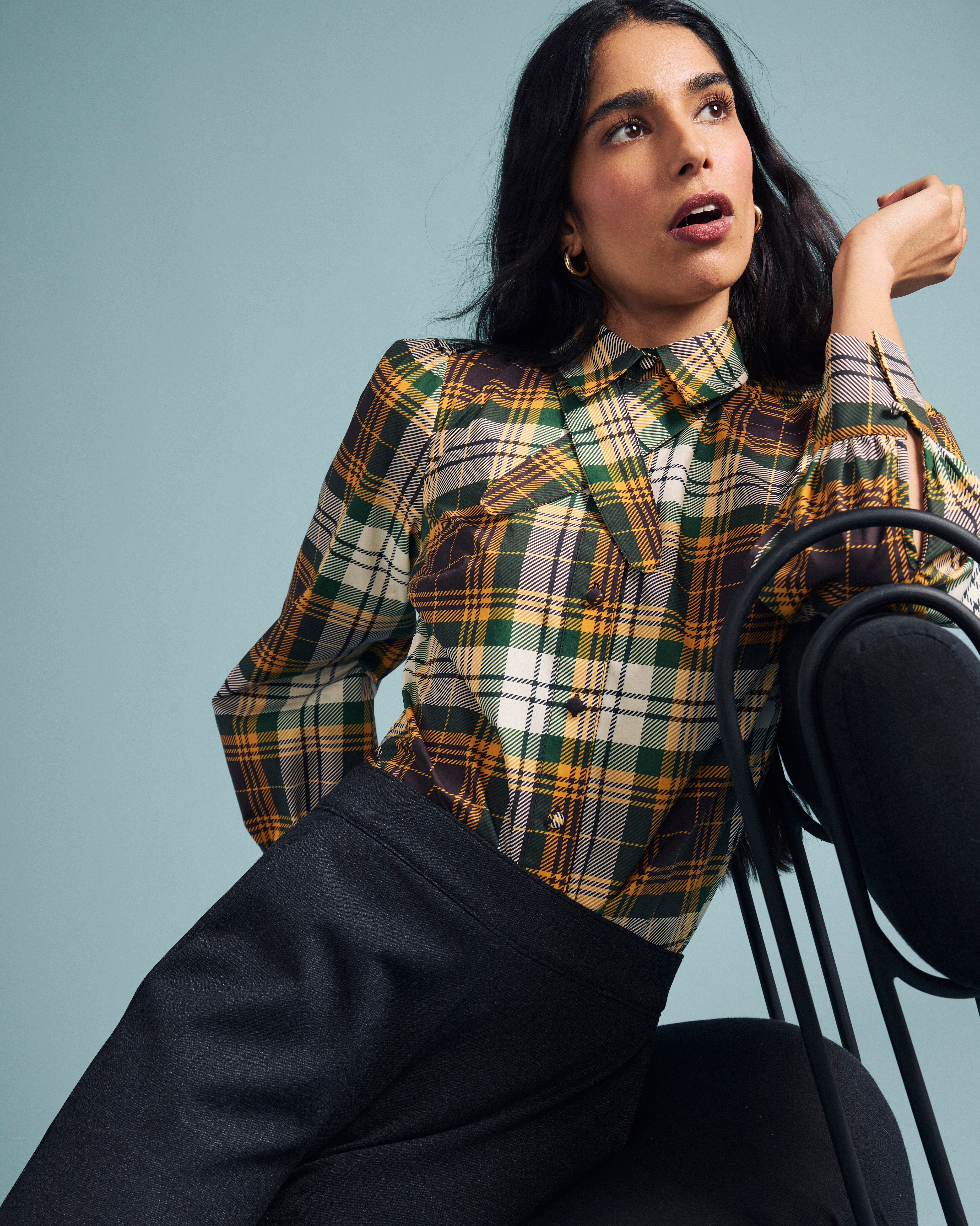 Janet Tie-Neck Cotton Poplin Shirt - Brown Plaid