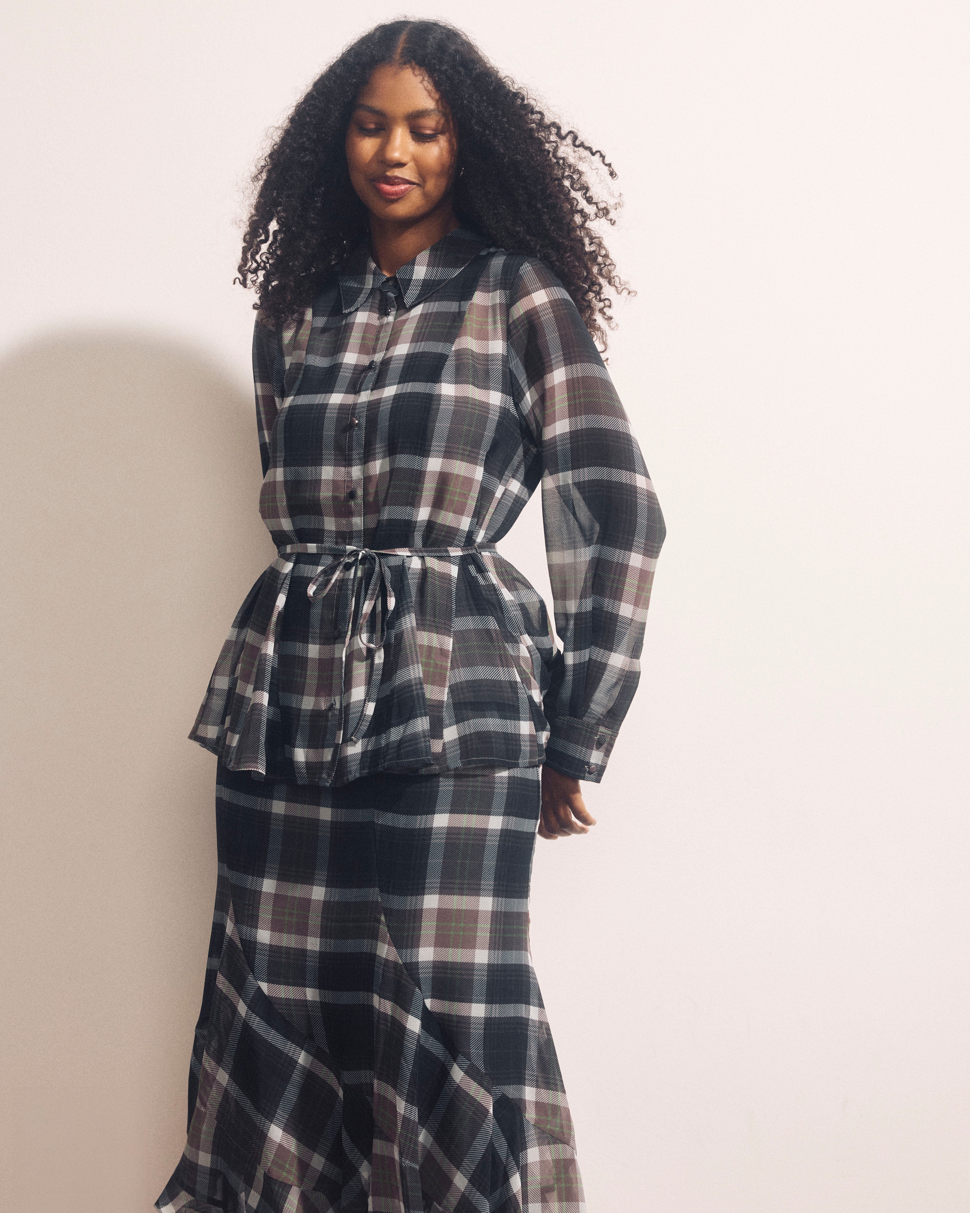 Hermione Flowy Hem Chiffon Blouse - Plaid Bourgeois Print