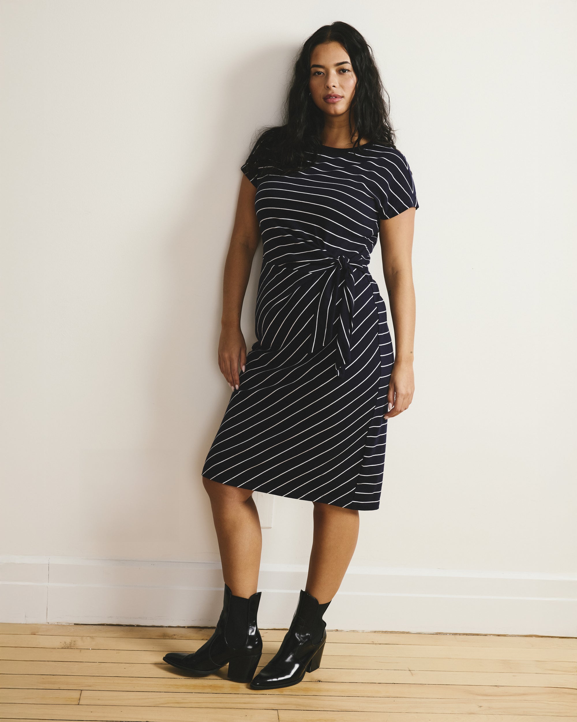 navy white striped dress Universal Standard Plus Size Crescent Breton Stripe Knot Dress