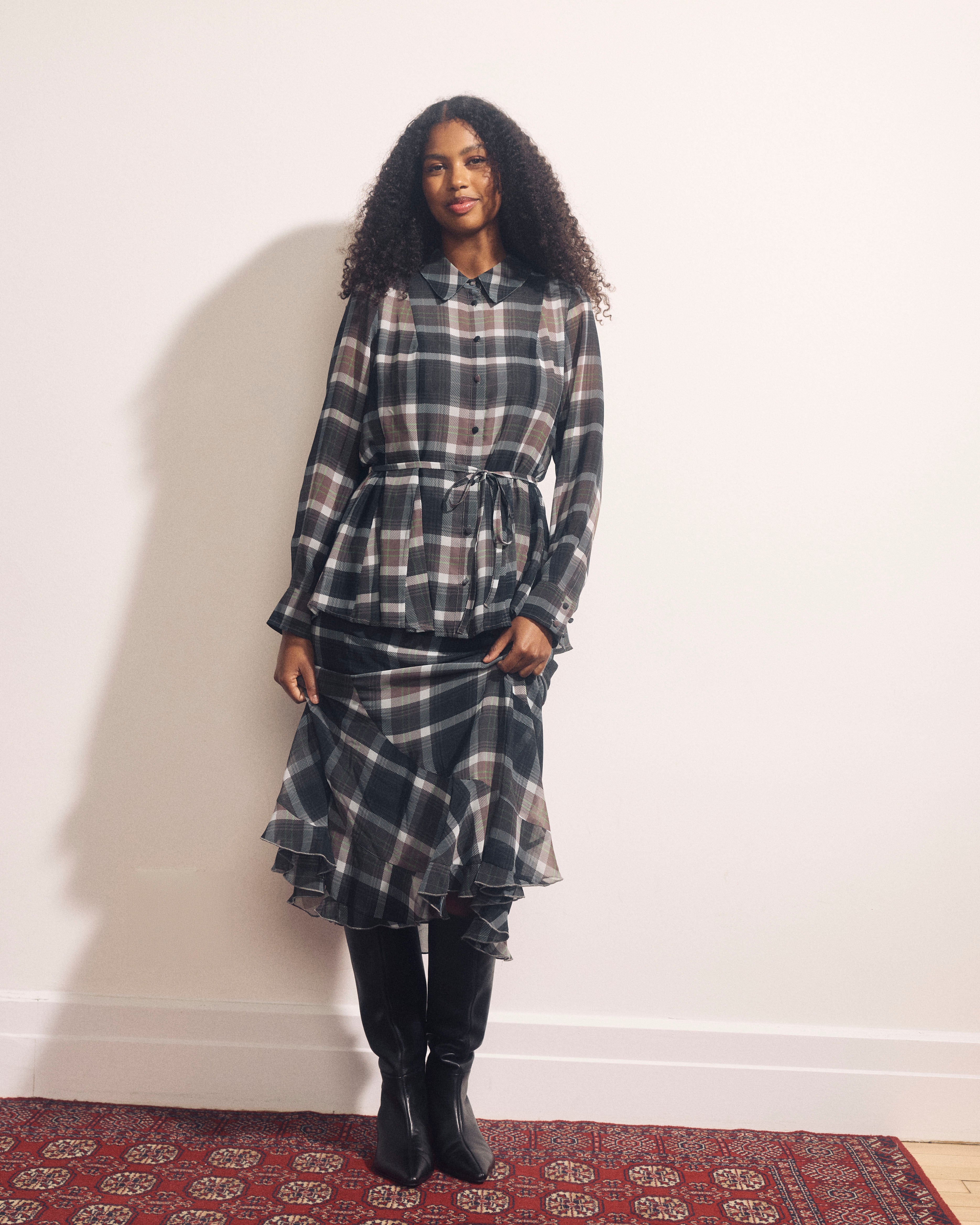 Navarte Chiffon Midi Skirt - Plaid Bourgeois Print