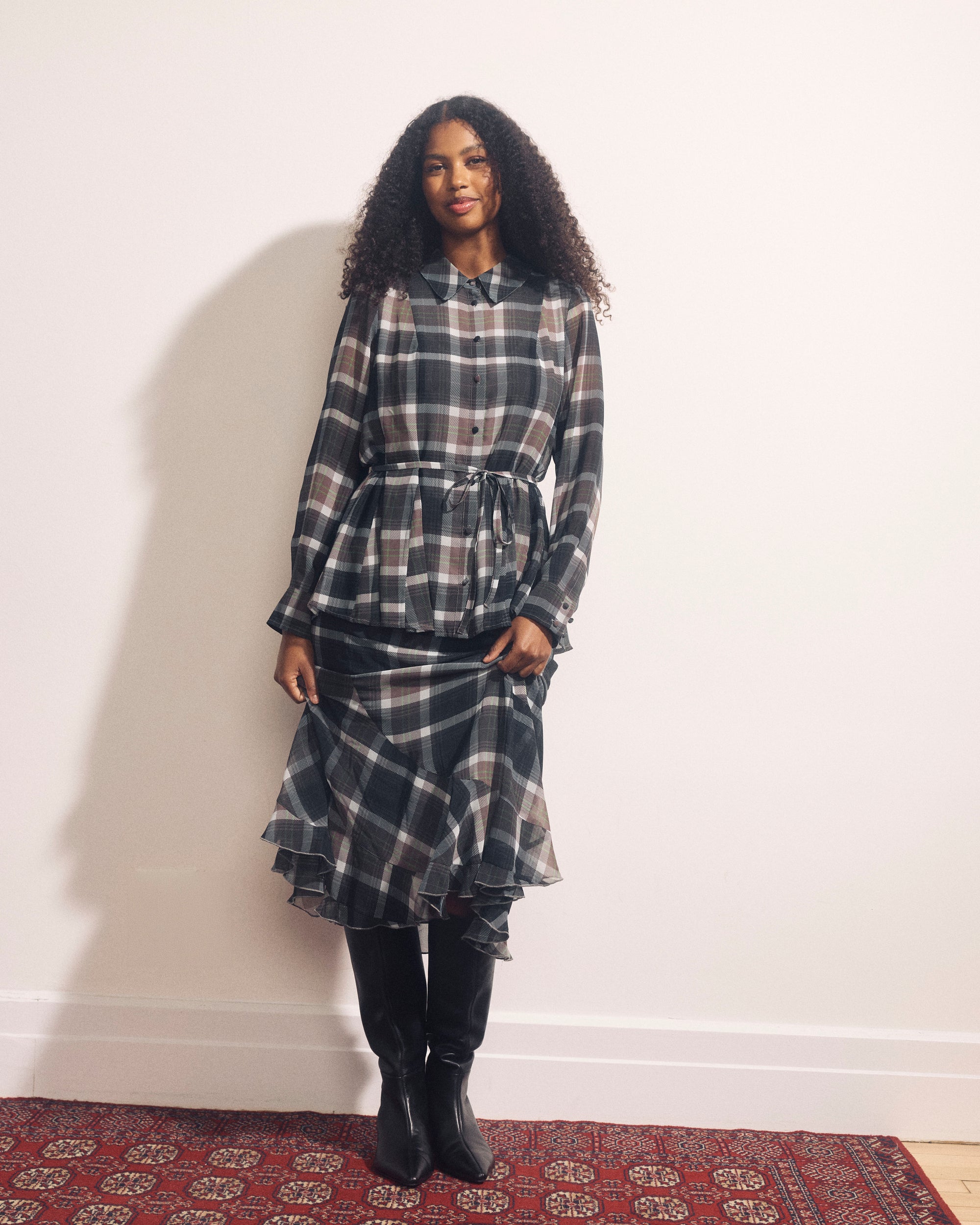 Navarte Chiffon Midi Skirt - Plaid Bourgeois Print