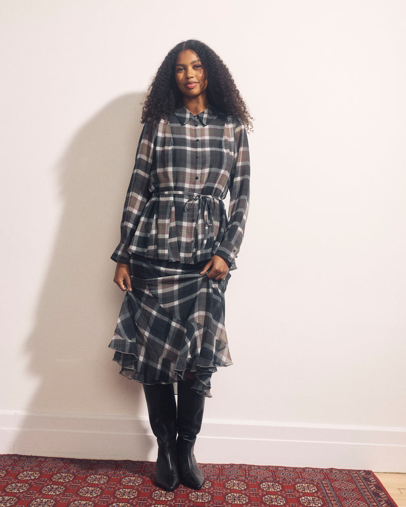 Navarte Chiffon Midi Skirt - Plaid Bourgeois Print