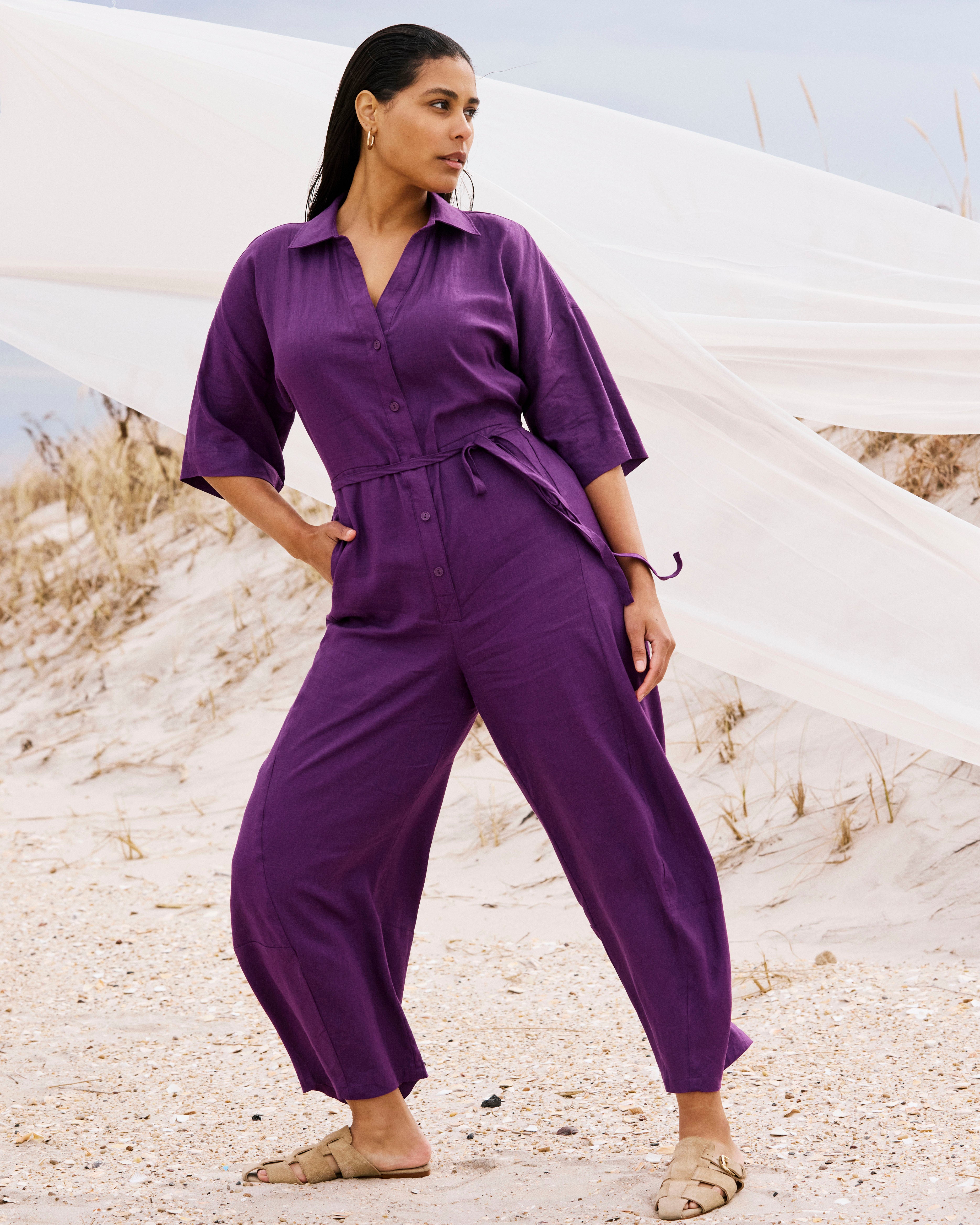 サロペット・オーバーオール・オールインワン THE SHISHIKUI C JUMP SUITS LAVENDER Maggie Barrel Leg Linen Blend Jumpsuit - Dreamy Purple – Universal
