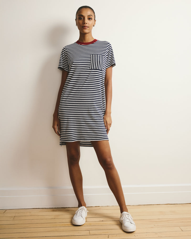 Garcon Tee Dress - Navy/White Stripe with Garnet Trim