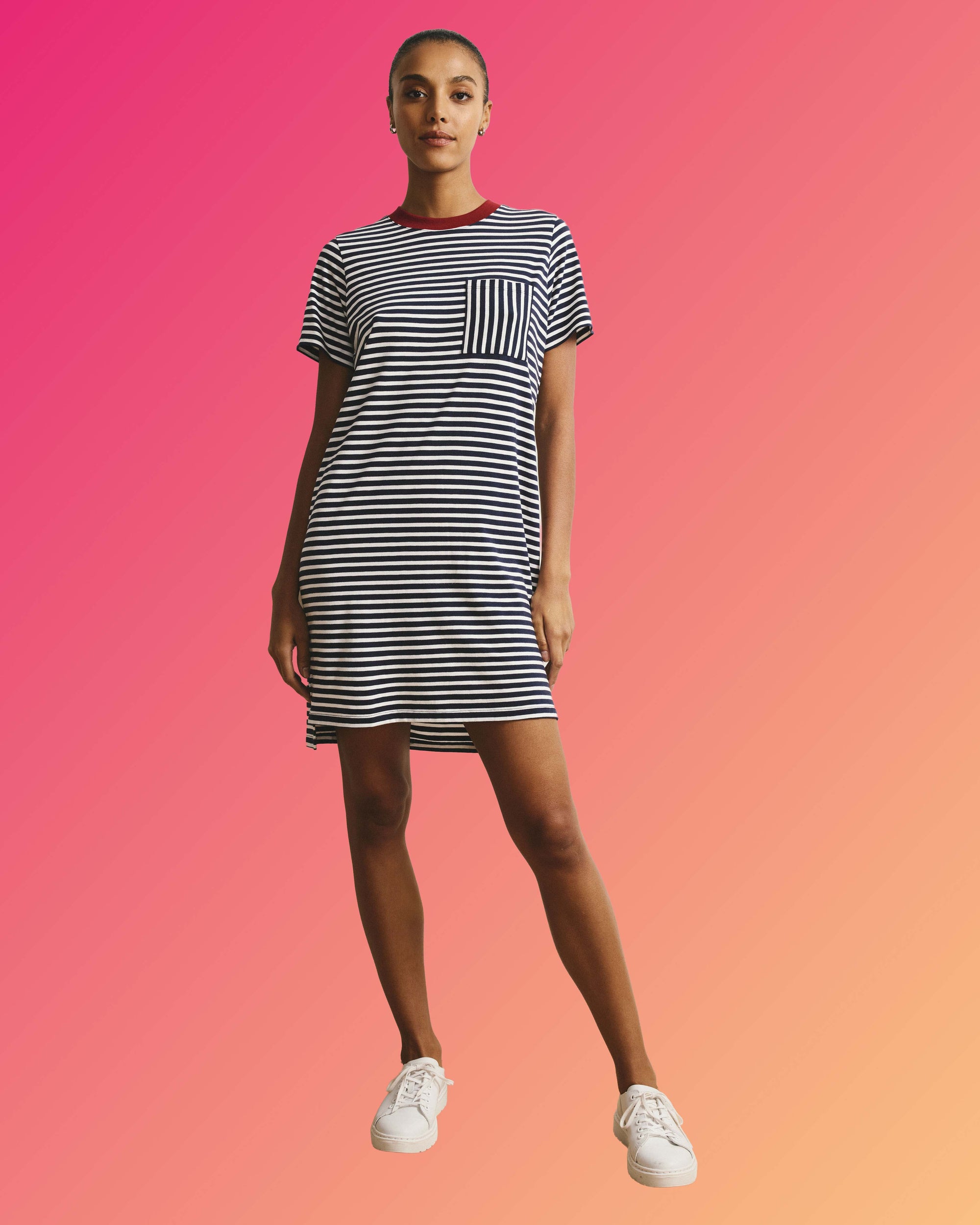 Garcon Tee Dress - Navy/White Stripe with Garnet Trim