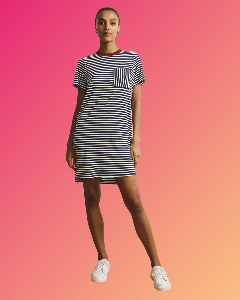 Garcon Tee Dress - Navy/White Stripe with Garnet Trim