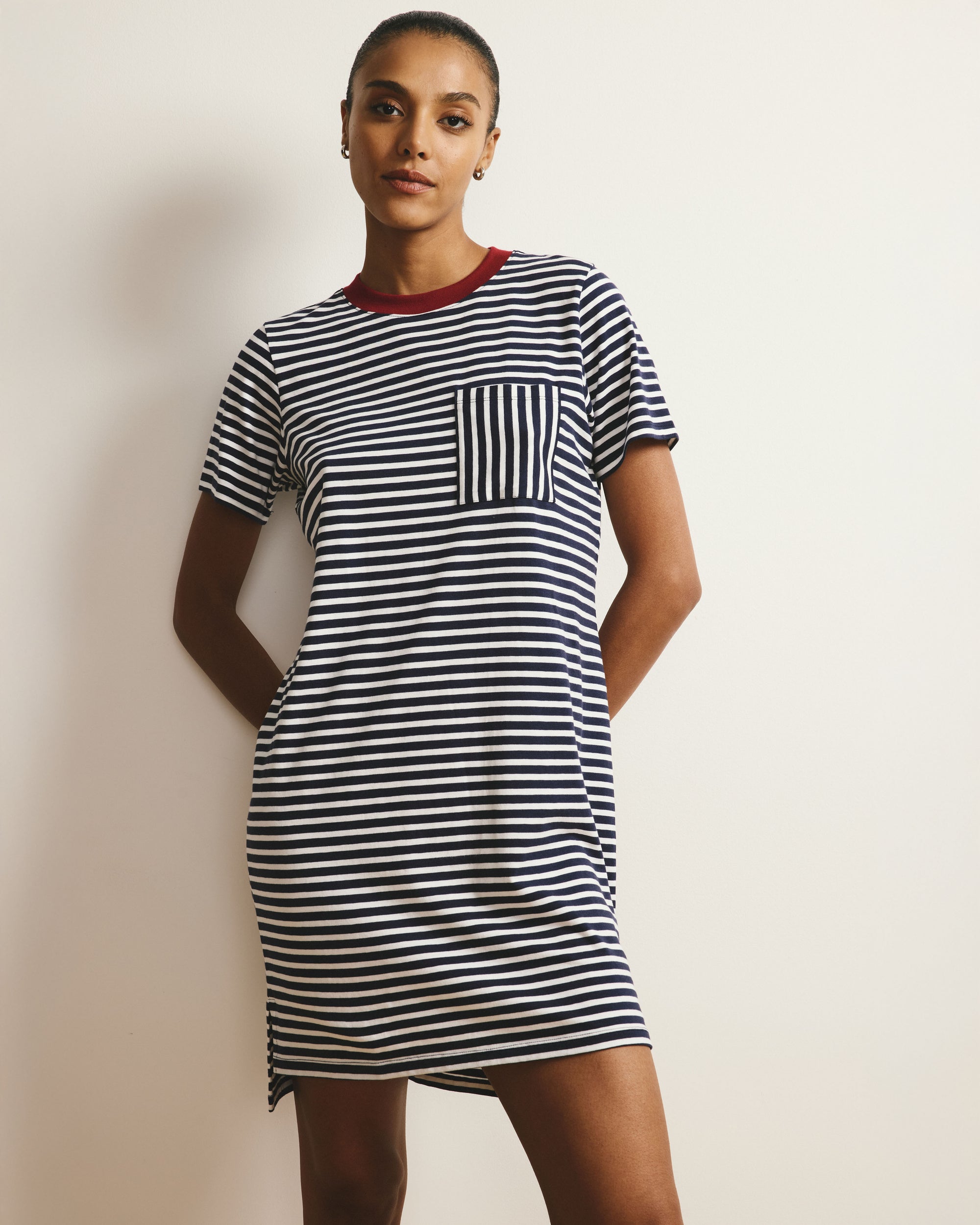 Garcon Tee Dress - Navy/White Stripe with Garnet Trim