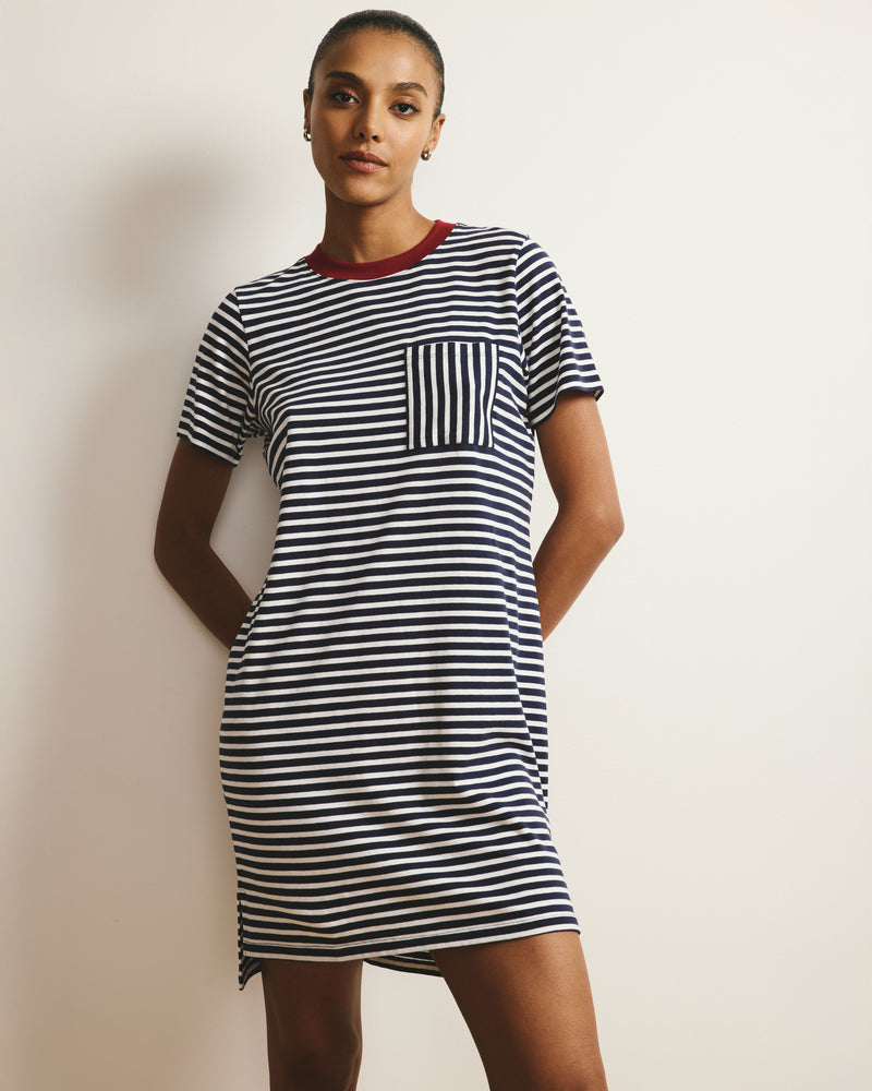 Garcon Tee Dress - Navy/White Stripe with Garnet Trim