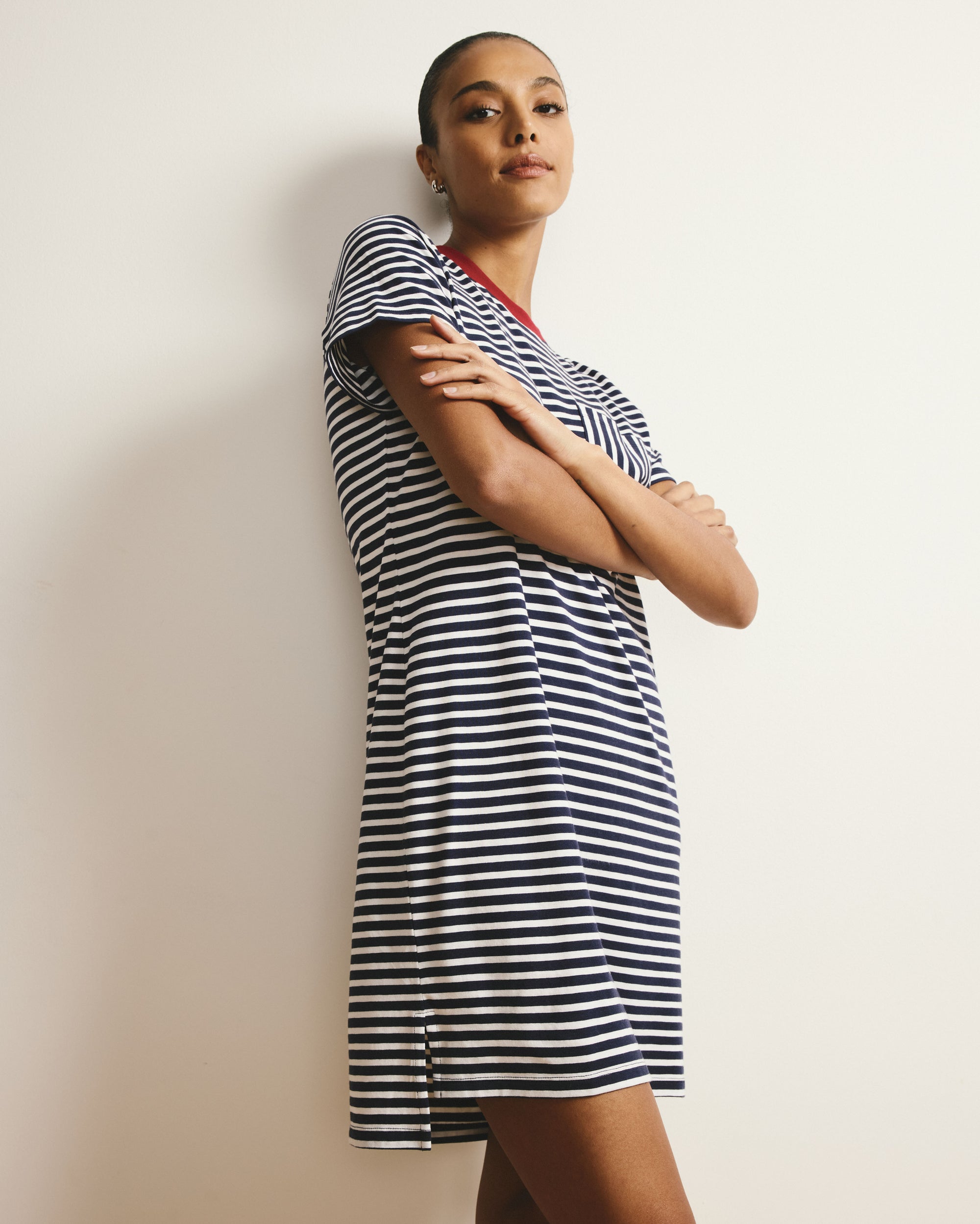Garcon Tee Dress - Navy/White Stripe with Garnet Trim
