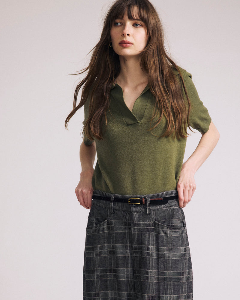 Woman wearing Savvy Fine Knit Short Sleeve Polo Sweater - Olive Leaf from Universal Standard