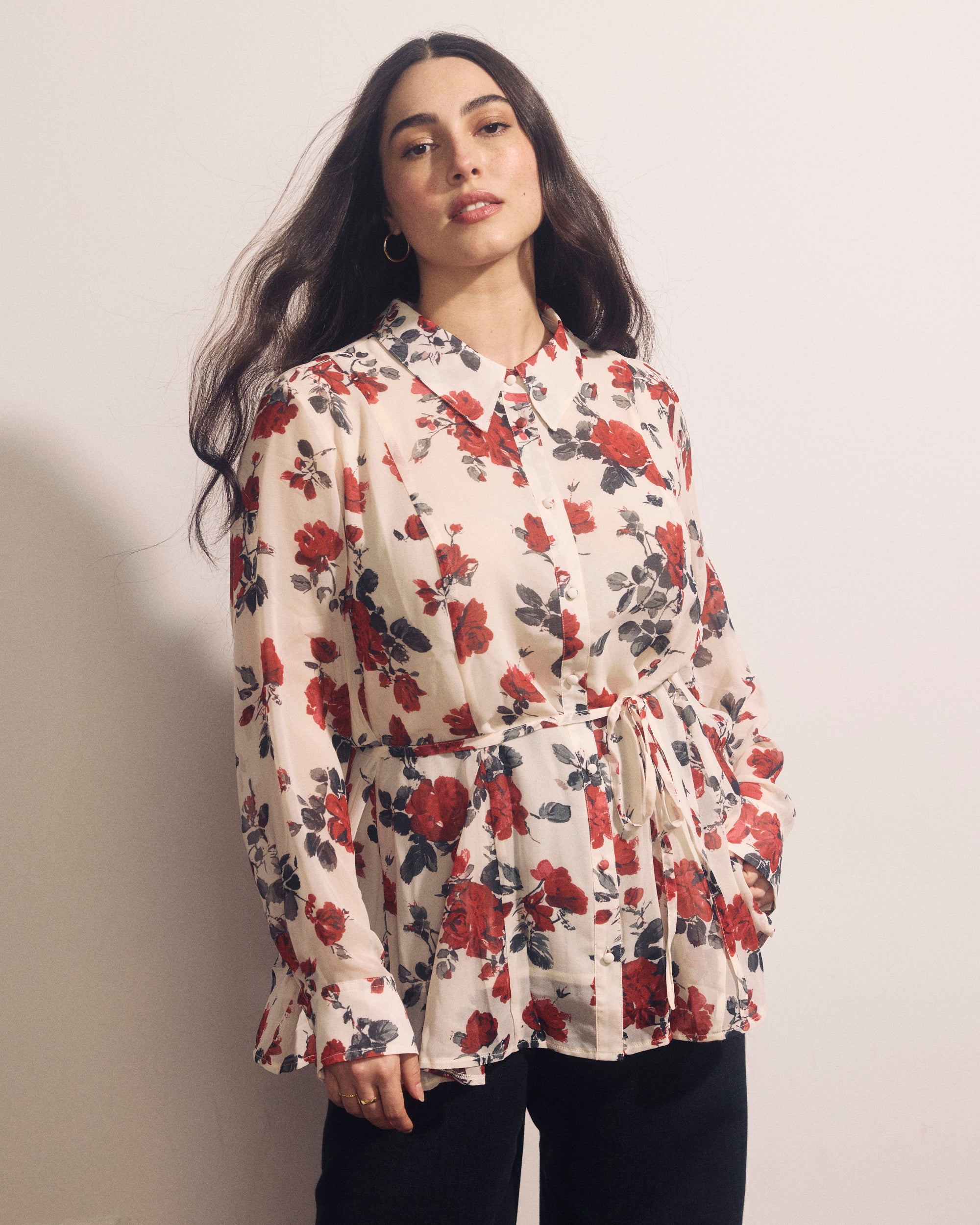 Hermione Flowy Hem Chiffon Blouse - Magic Rose Print
