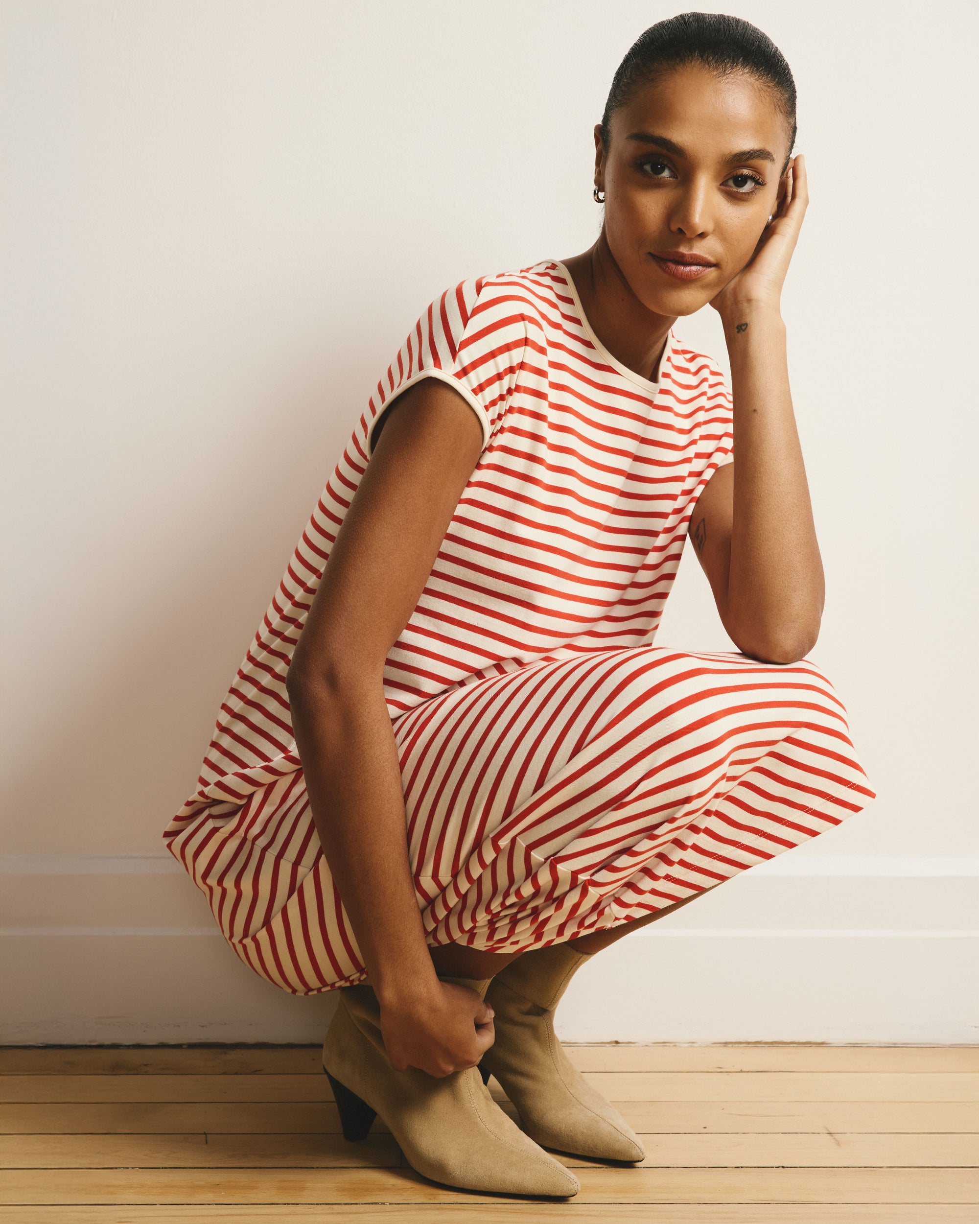 Iconic Geneva Dress - Ecru/Poppy Stripe