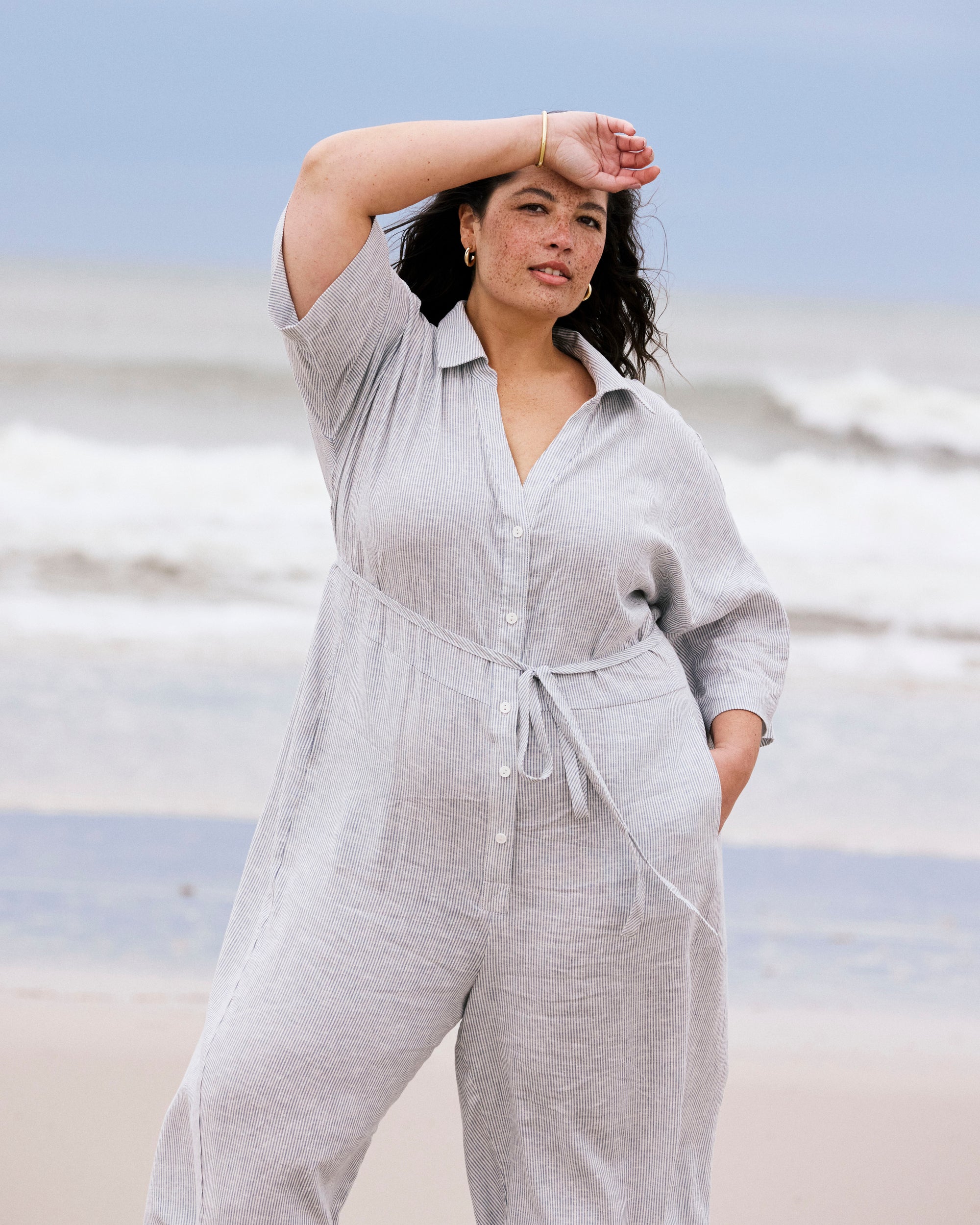 Maggie Barrel Leg Linen Blend Jumpsuit - Beach Stripe | Plus Size & Straight Size Women's Fashion | Universal Standard