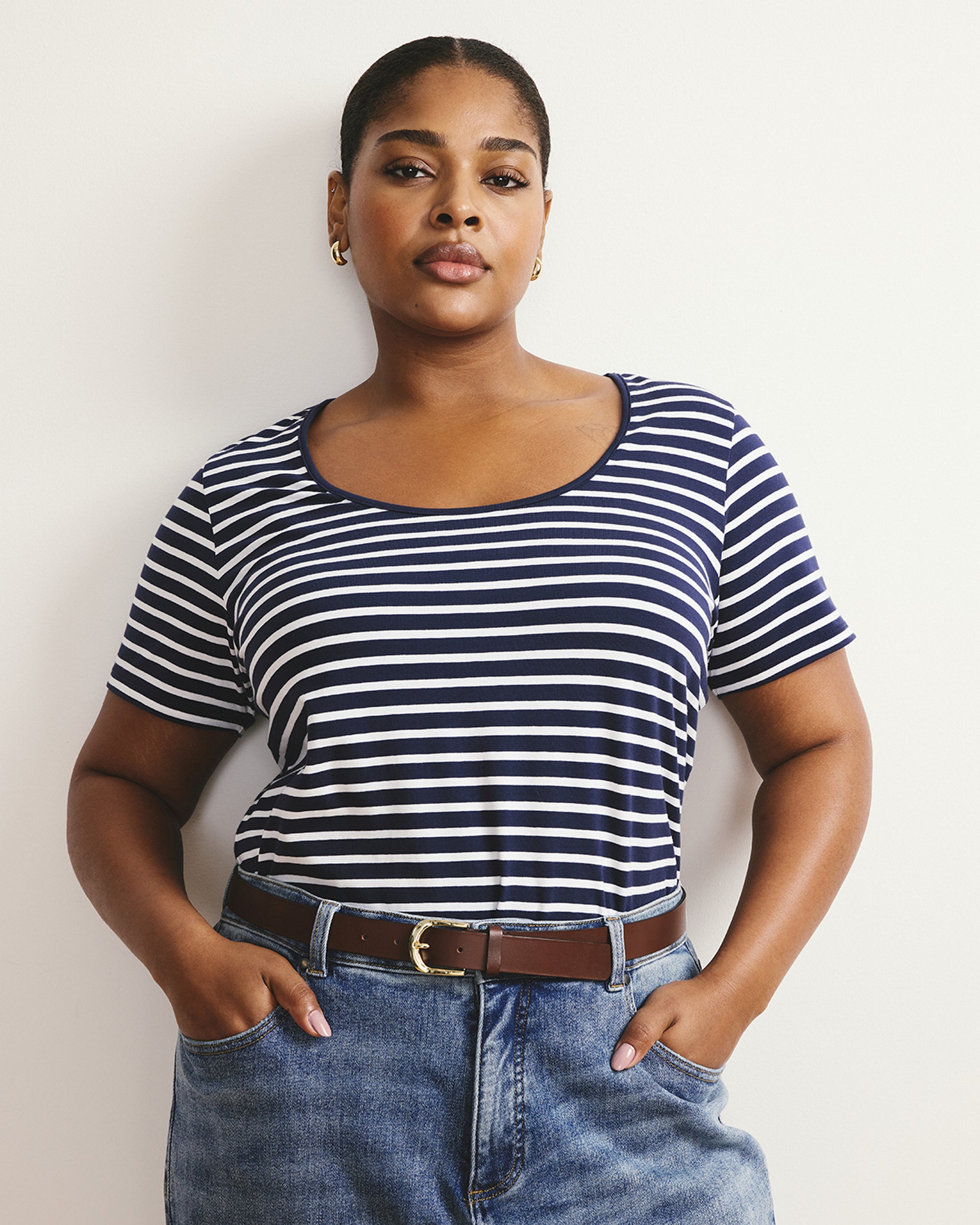Scoop Neck Tee - Navy/White Stripe