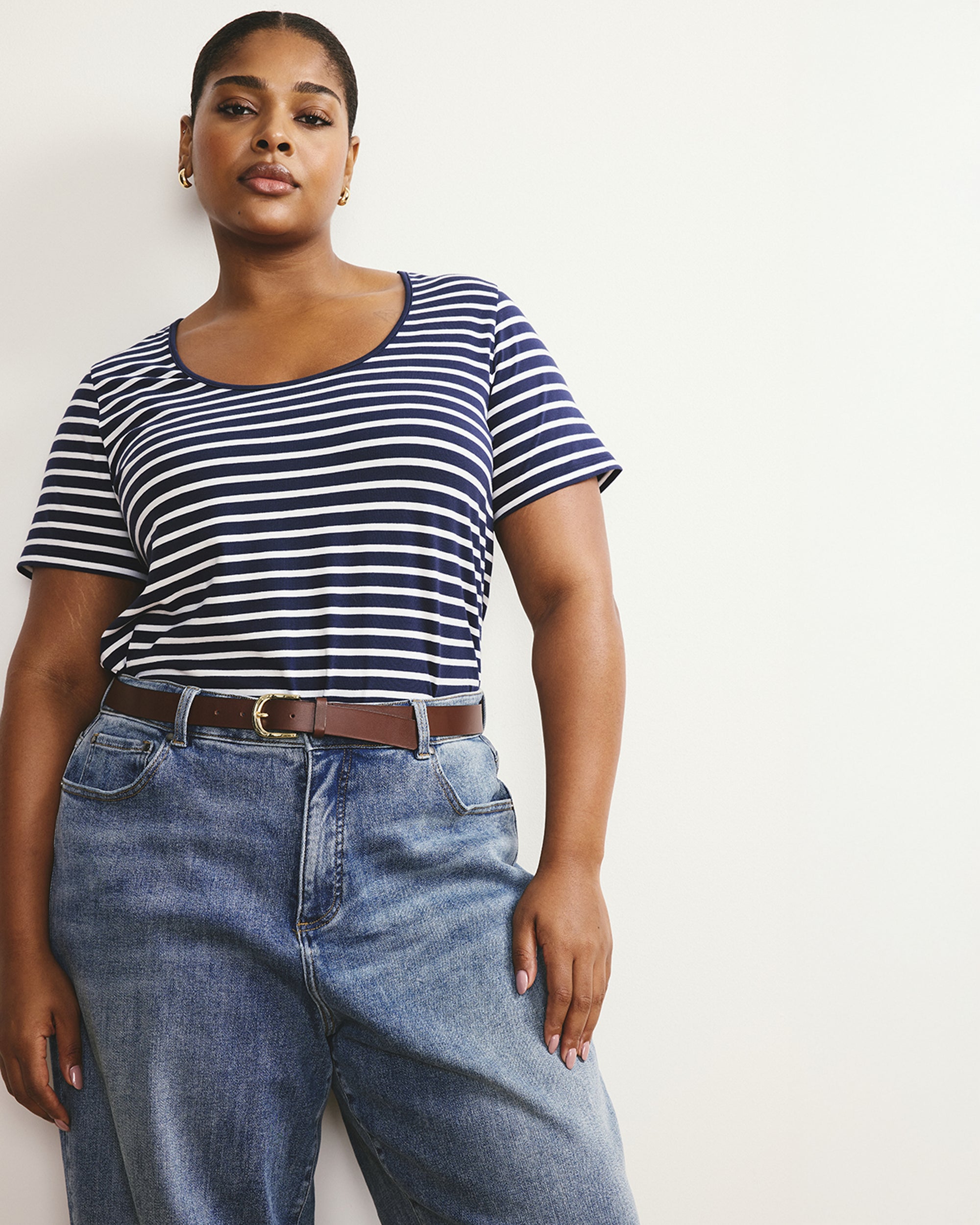 Scoop Neck Tee - Navy/White Stripe