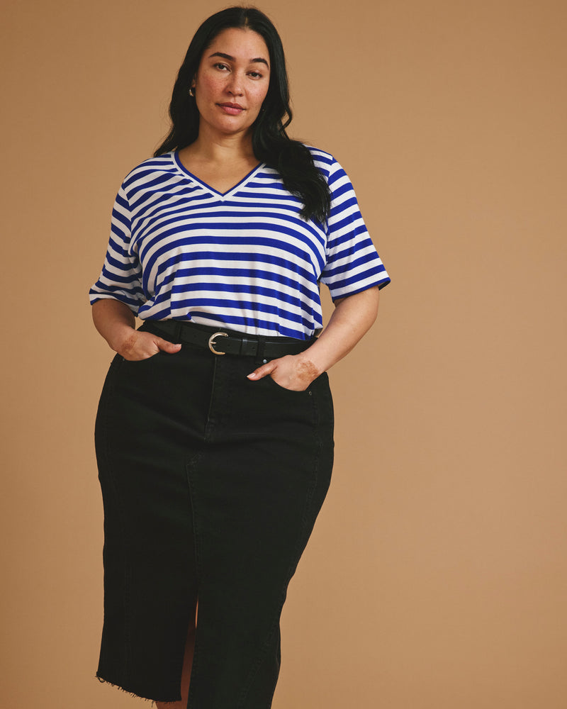 Maia Stovepipe Sleeve V Neck Tee - Hammersmith Blue Stripe | Plus Size & Straight Size Women's Fashion | Universal Standard