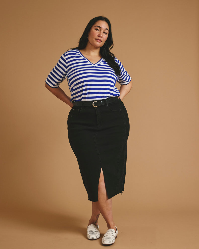 Maia Stovepipe Sleeve V Neck Tee - Hammersmith Blue Stripe | Plus Size & Straight Size Women's Fashion | Universal Standard