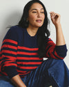Savvy Fine Knit Crew Sweater - Navy/Red Stripes