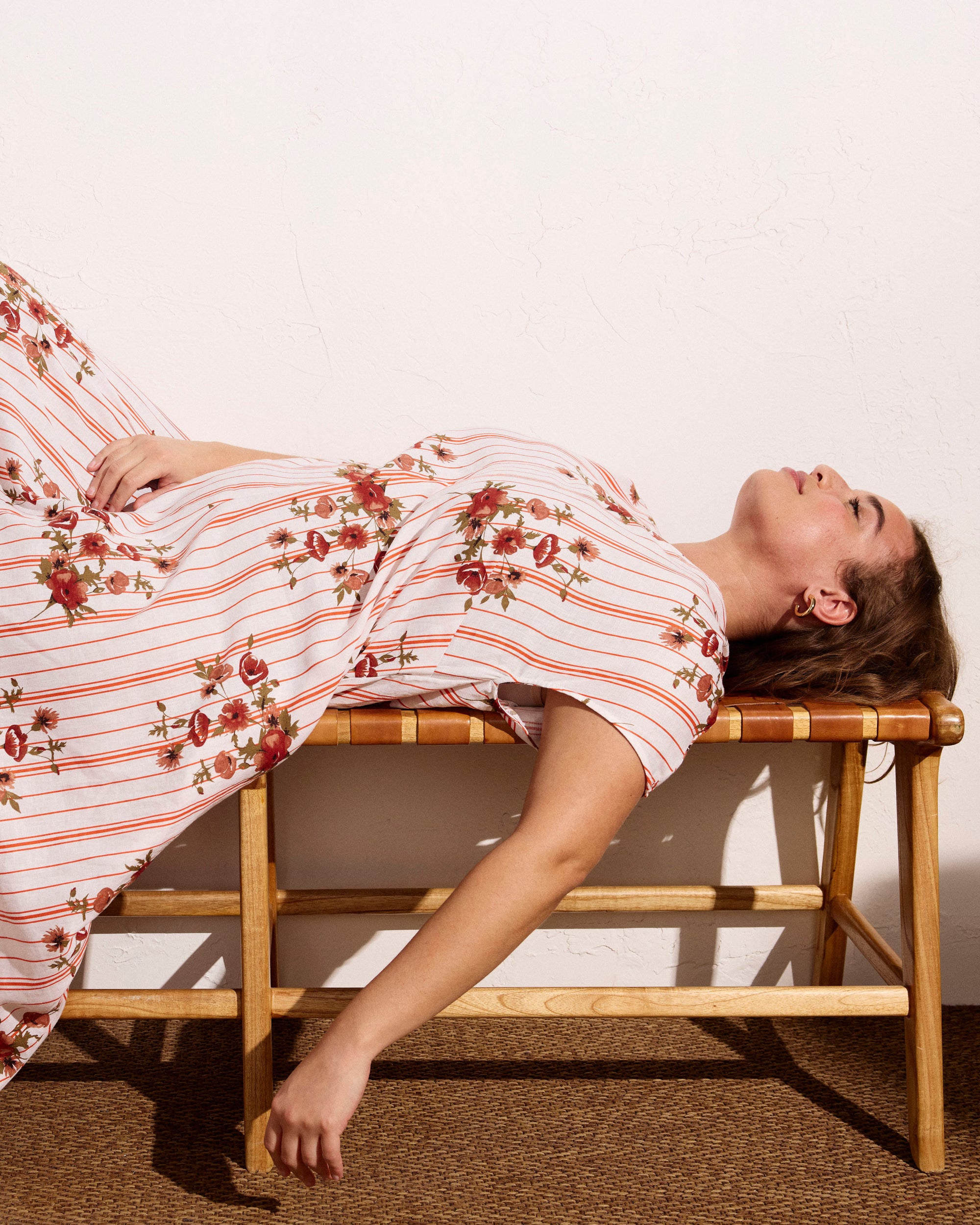 Woman wearing Louvre Bow Back Linen Dress - Wild Flower Bouquet Print on Stripes from Universal Standard