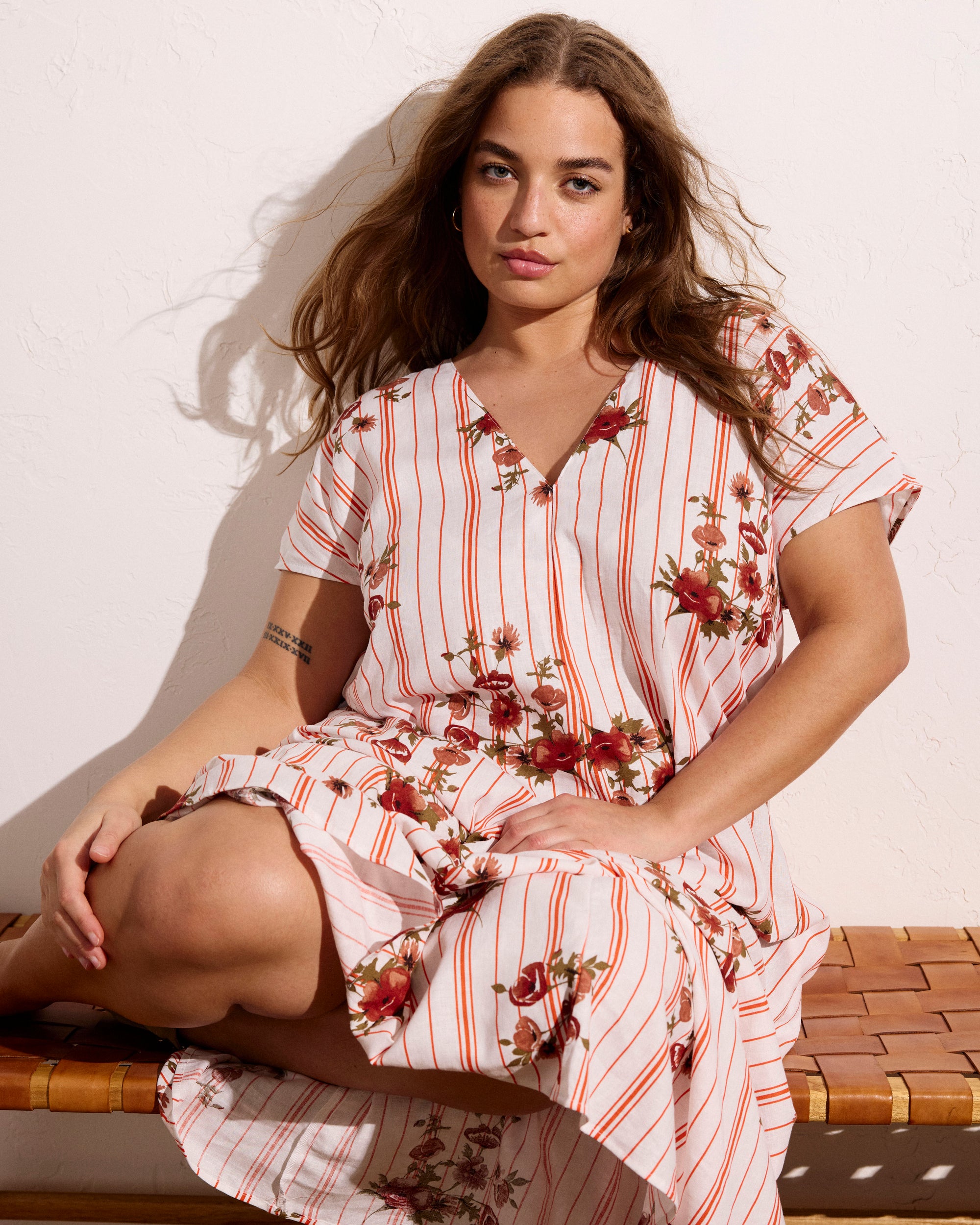 Louvre Bow Back Linen Dress - Wild Flower Bouquet Print on Stripes Universal Standard Louvre Bow Back Linen Dress - Wild Flower Bouquet Print on Stripes Universal Standard