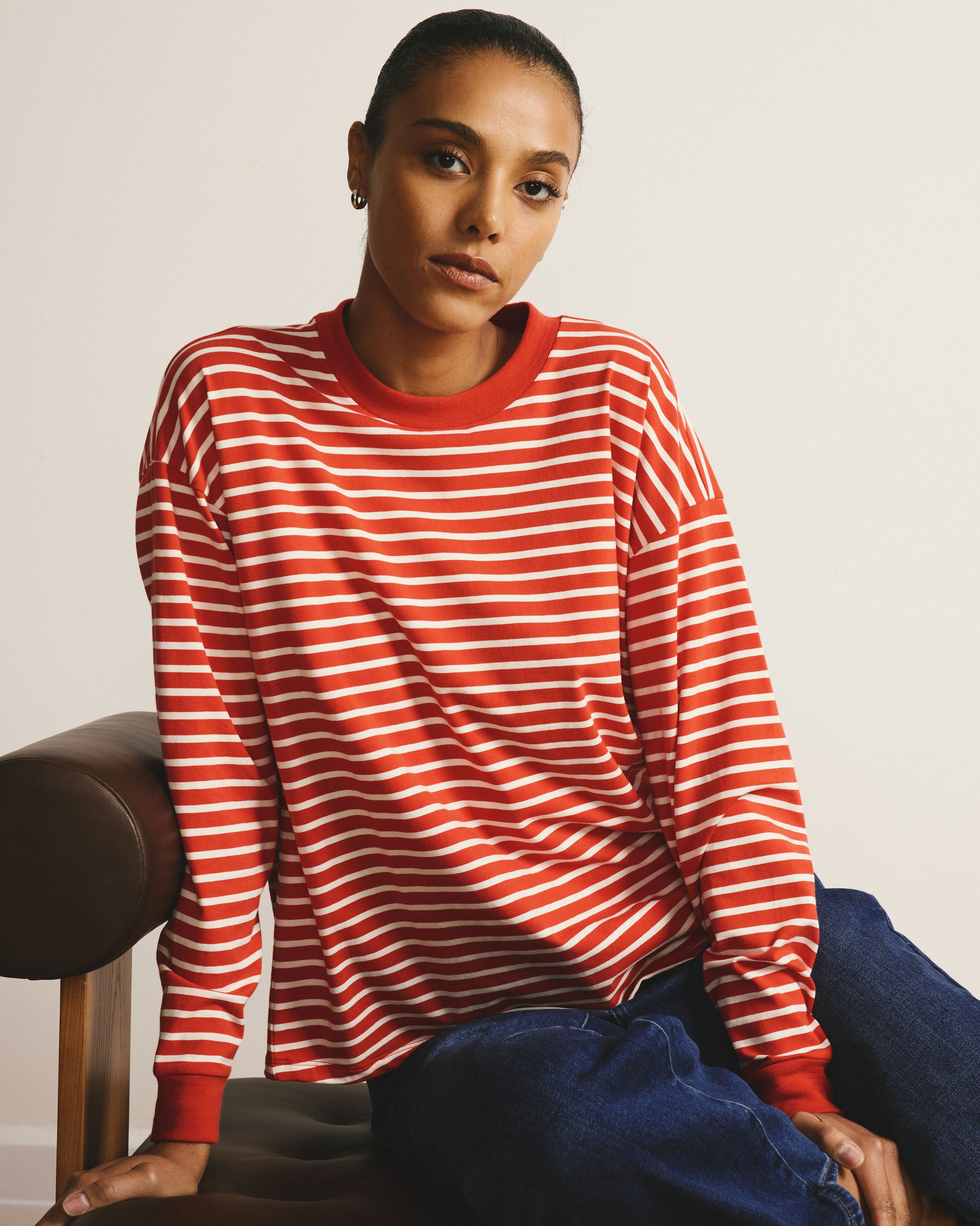 Long Sleeve Relaxed Tee - Poppy/Ecru Stripe