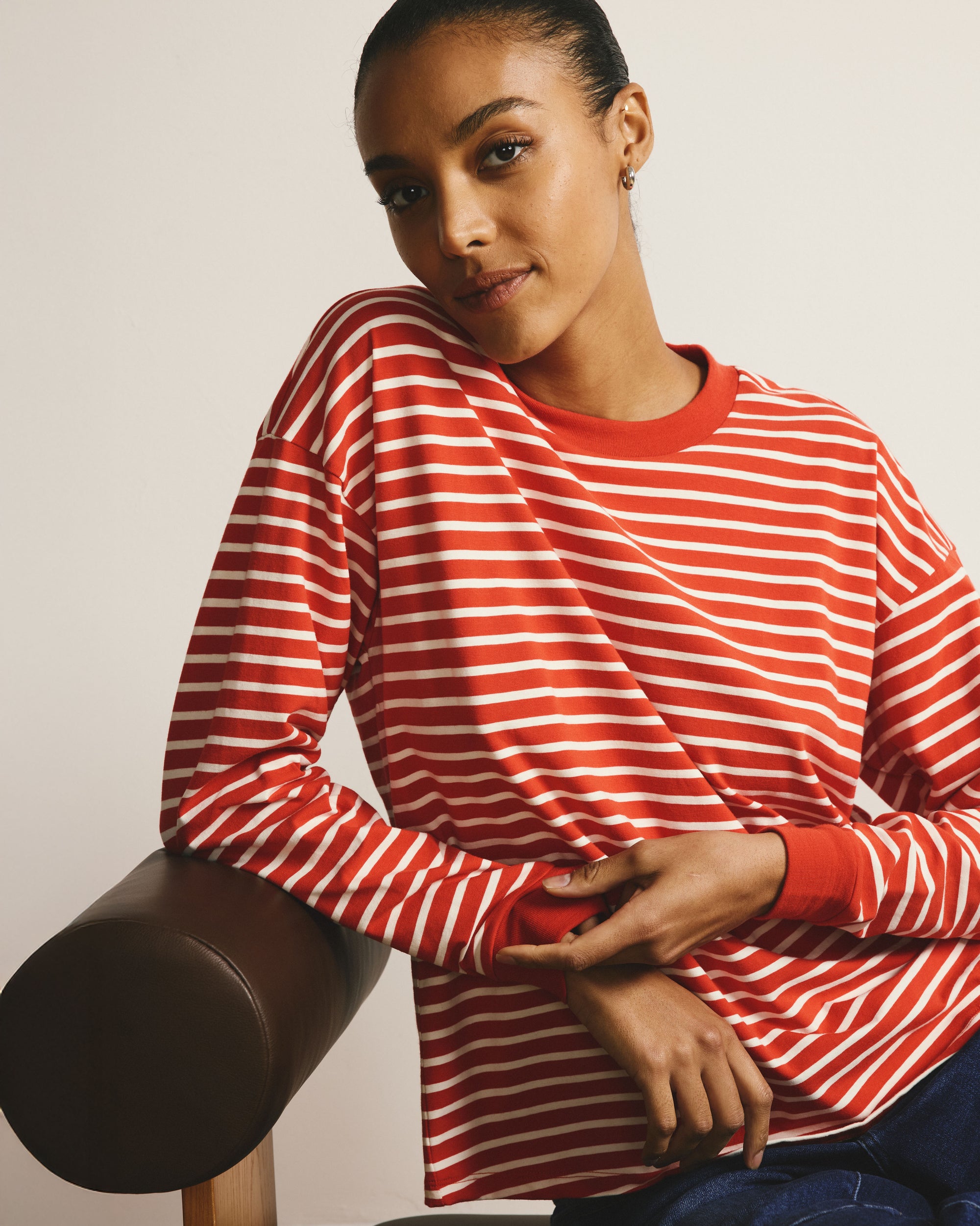 Long Sleeve Relaxed Tee - Poppy/Ecru Stripe