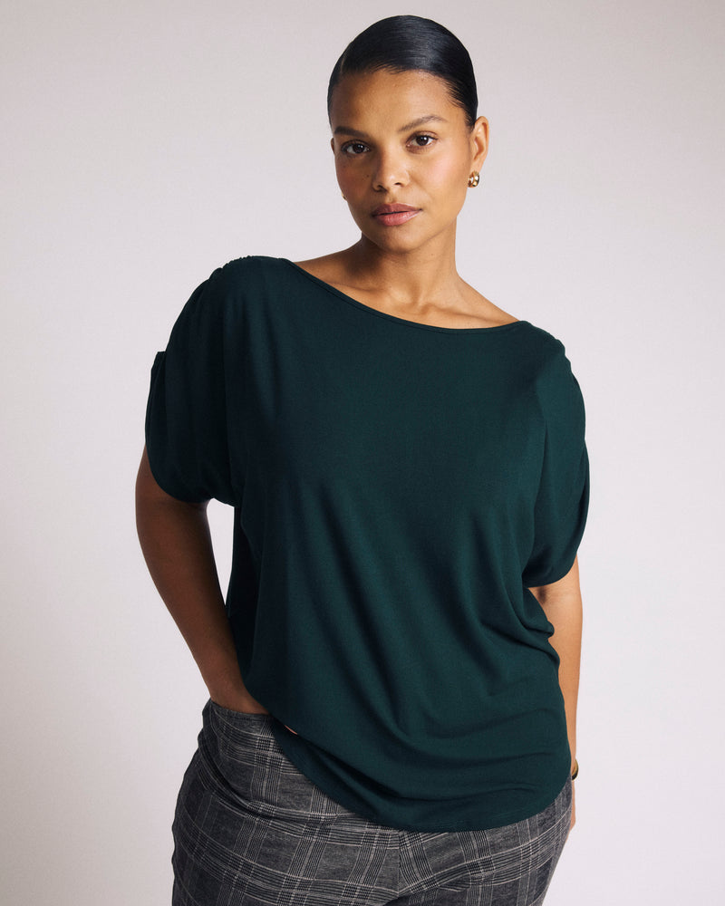 Woman wearing Helena Divine Jersey Gathered Tee - Forest Green from Universal Standard