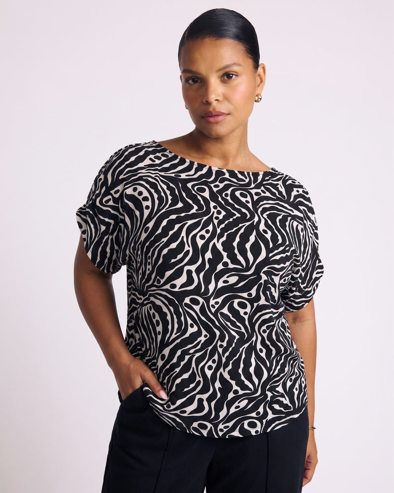 Helena Divine Jersey Gathered Tee - Black Bosco Print