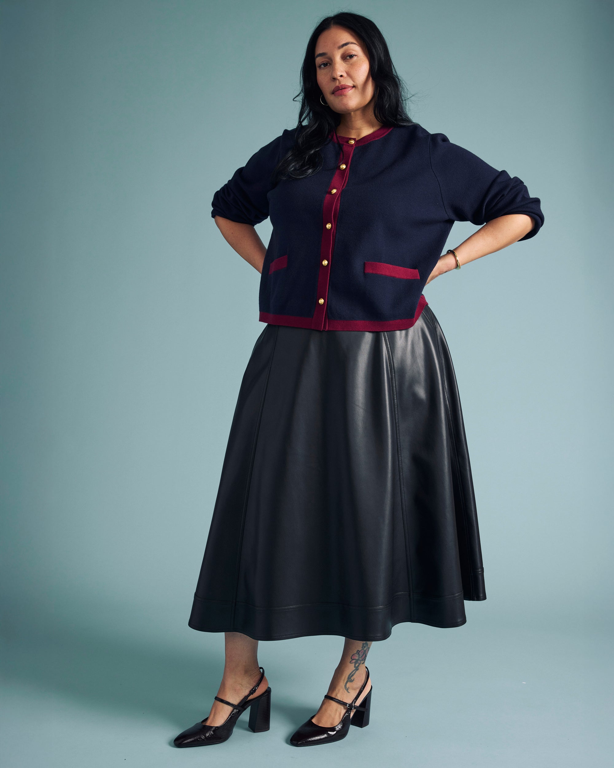 Gabrielle Button-Front Cardigan - Midnight with Red Accents