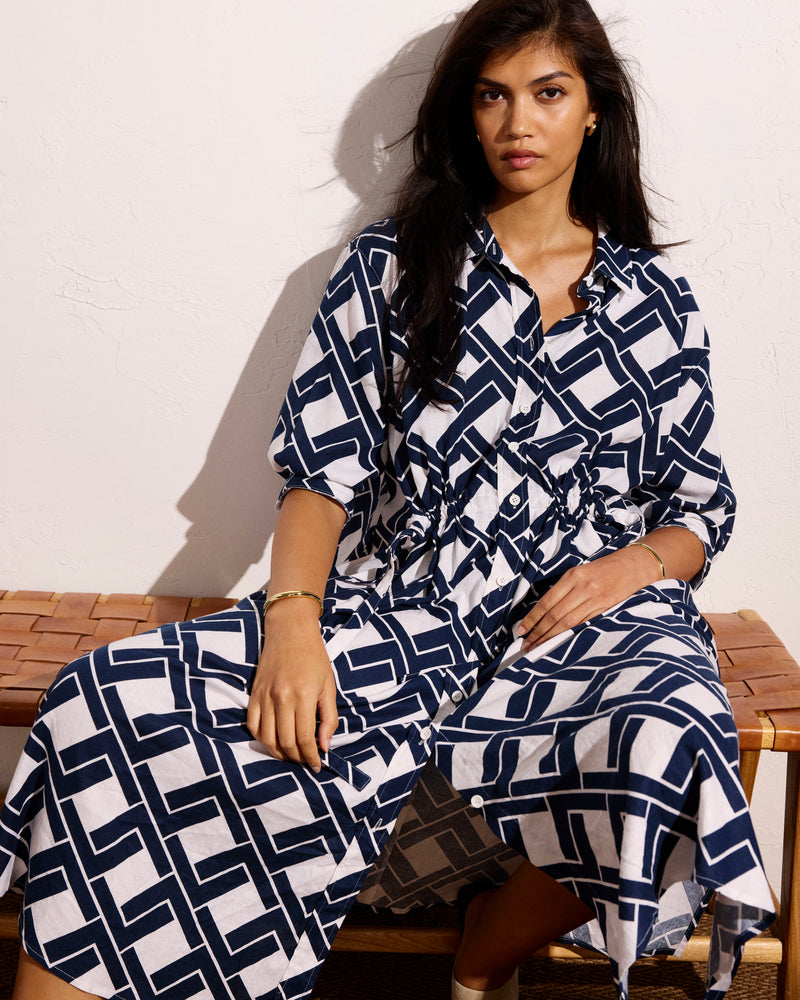 Woman wearing Paros Drawstring Linen Shirtdress - Geometrica Print from Universal Standard