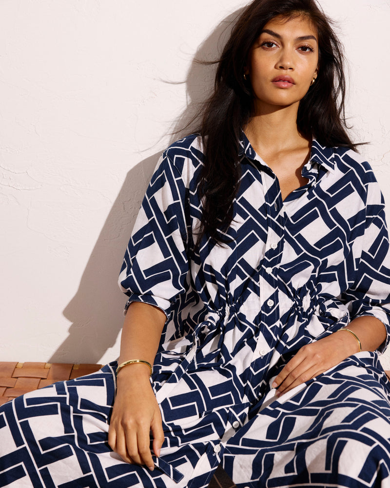 Paros Drawstring Linen Blend Shirtdress - Geometrica Print | Plus Size & Straight Size Women's Fashion | Universal Standard
