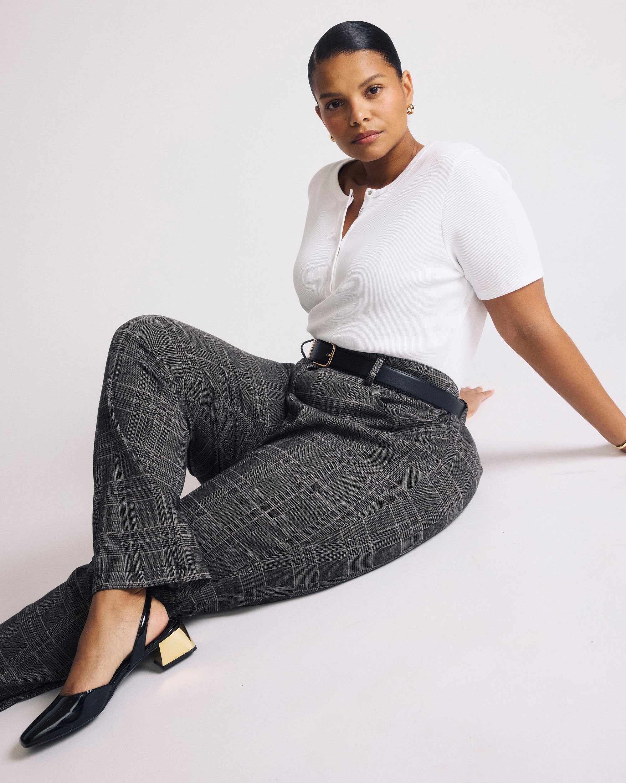 Woman wearing Henley Short Sleeve Ribbed Tee - White from Universal Standard