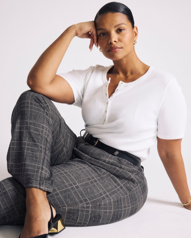 Woman wearing Henley Short Sleeve Ribbed Tee - White from Universal Standard