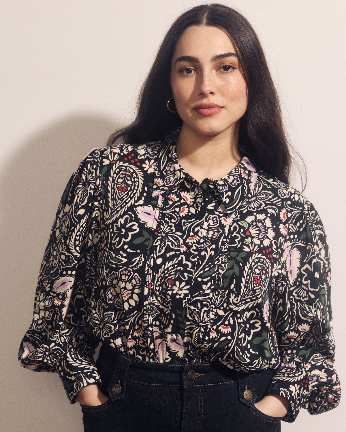 Spellbound Pleated Stretch Cupro Blouse - Black Forest Print