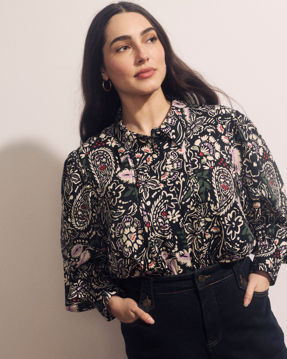 Spellbound Pleated Stretch Cupro Blouse - Black Forest Print