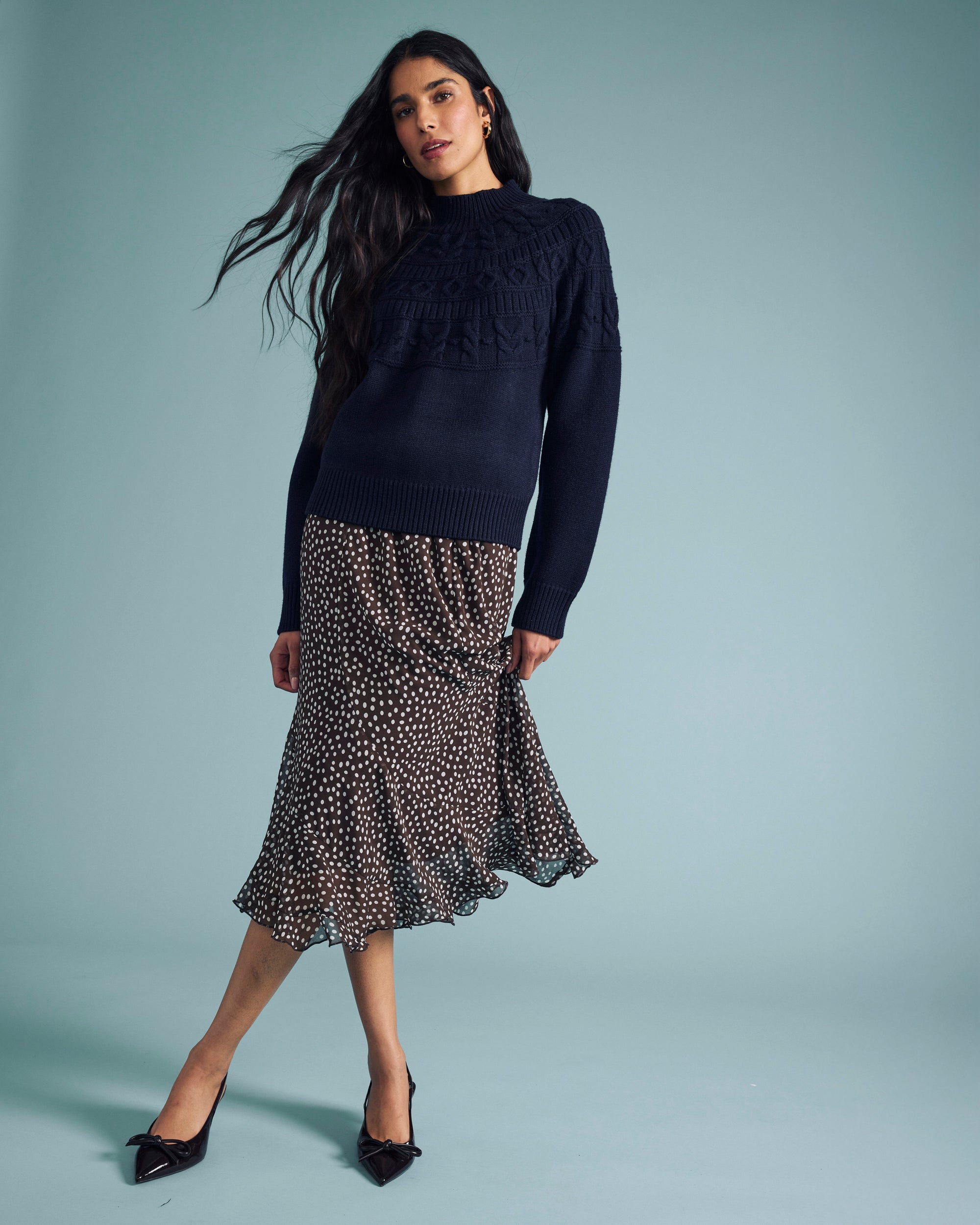 Navarte Chiffon Midi Skirt - Brown/White Dot Print