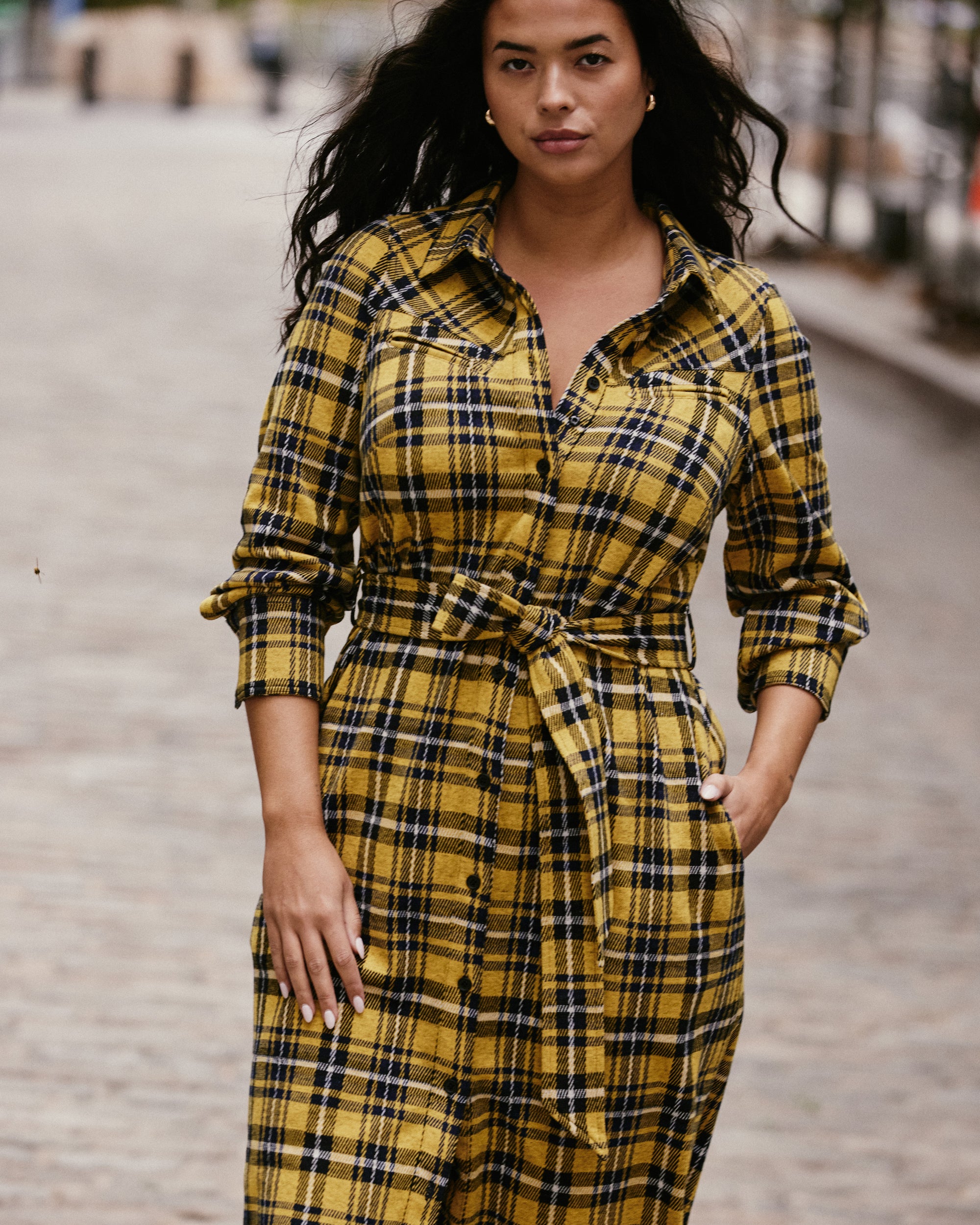 Morgan Belted Stretch Flannel Shirtdress - Chamomile Yellow Plaid Universal Standard Morgan Belted Stretch Flannel Shirtdress - Chamomile Yellow Plaid Universal Standard