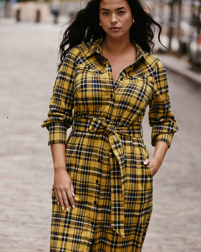 Morgan Belted Stretch Flannel Shirtdress - Chamomile Yellow Plaid