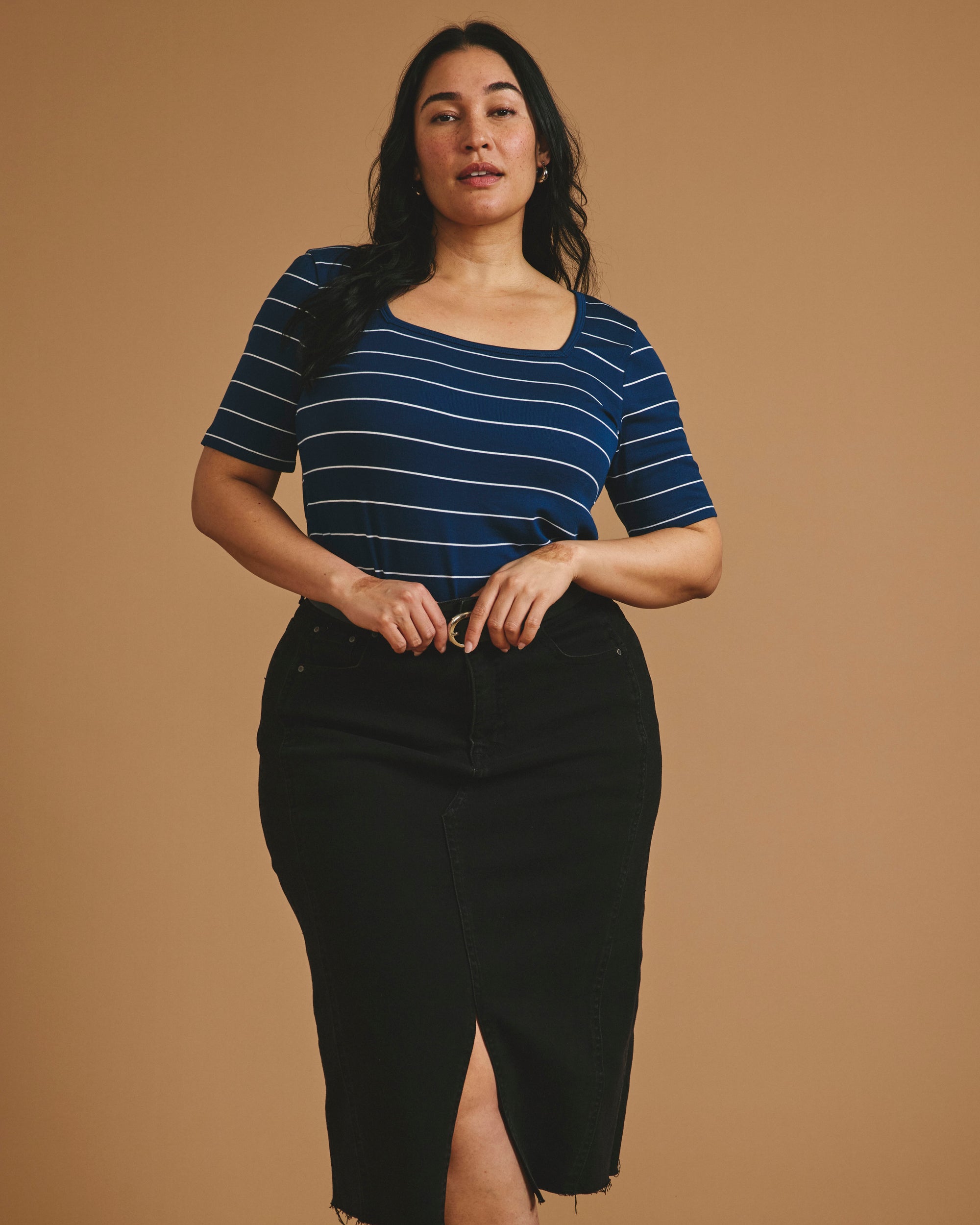 Cloud Rib Short Sleeve Square Neck Tee - Teal/White Microstripe | Plus Size & Straight Size Women's Fashion | Universal Standard