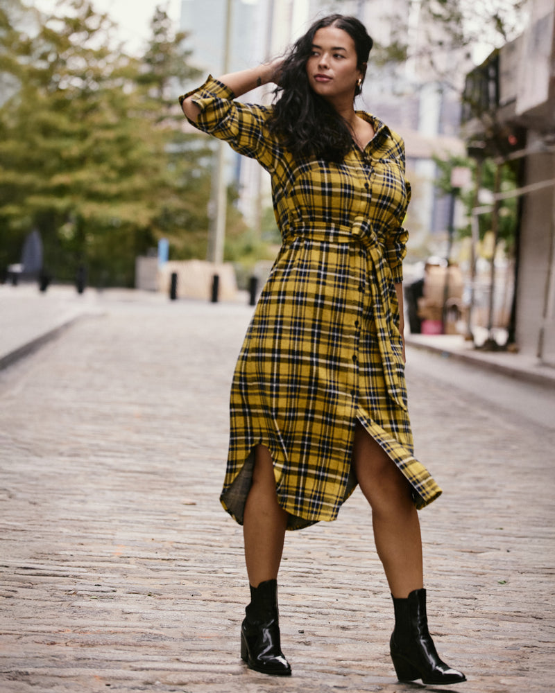 Morgan Belted Stretch Flannel Shirtdress - Chamomile Yellow Plaid