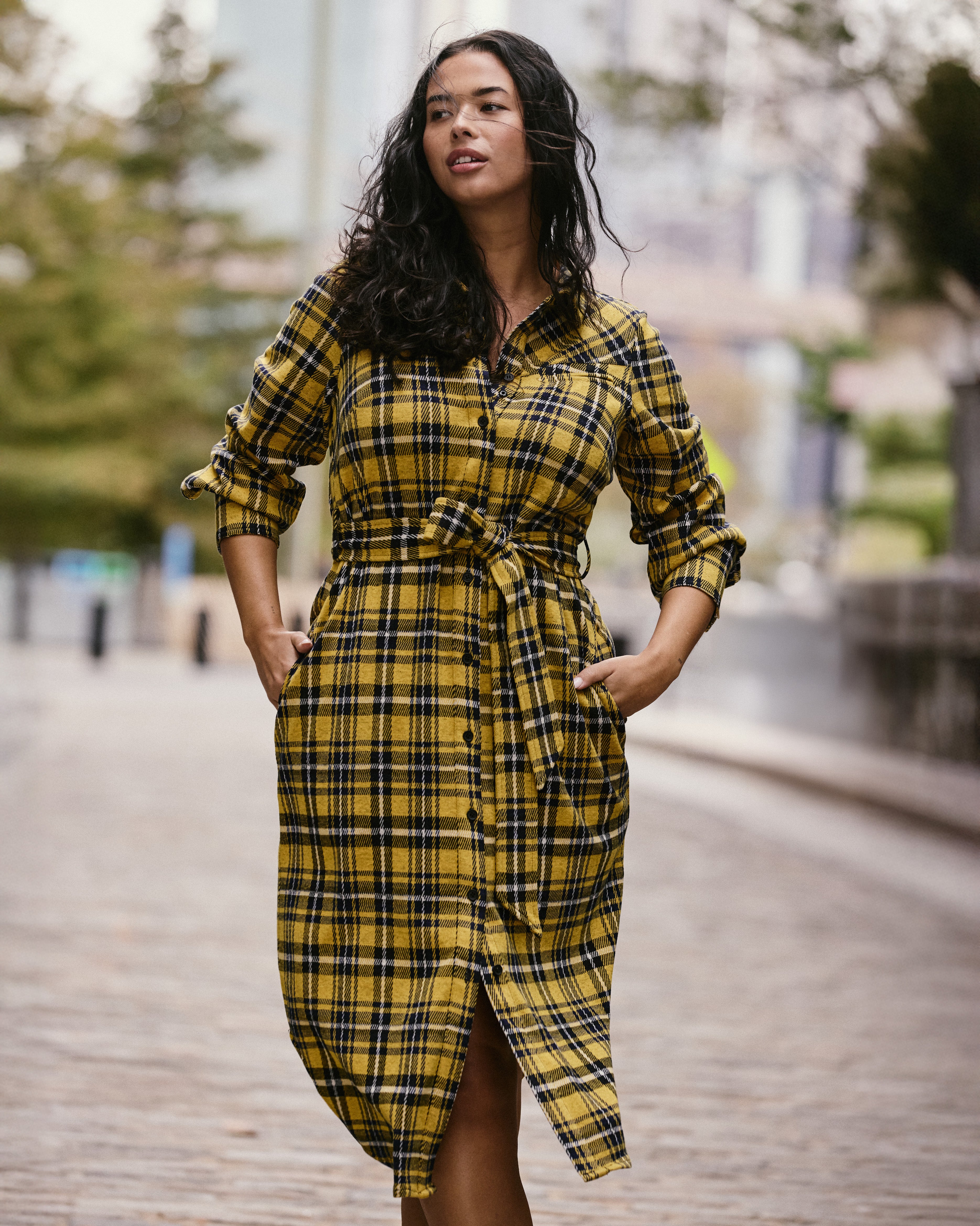 Morgan Belted Stretch Flannel Shirtdress - Chamomile Yellow Plaid
