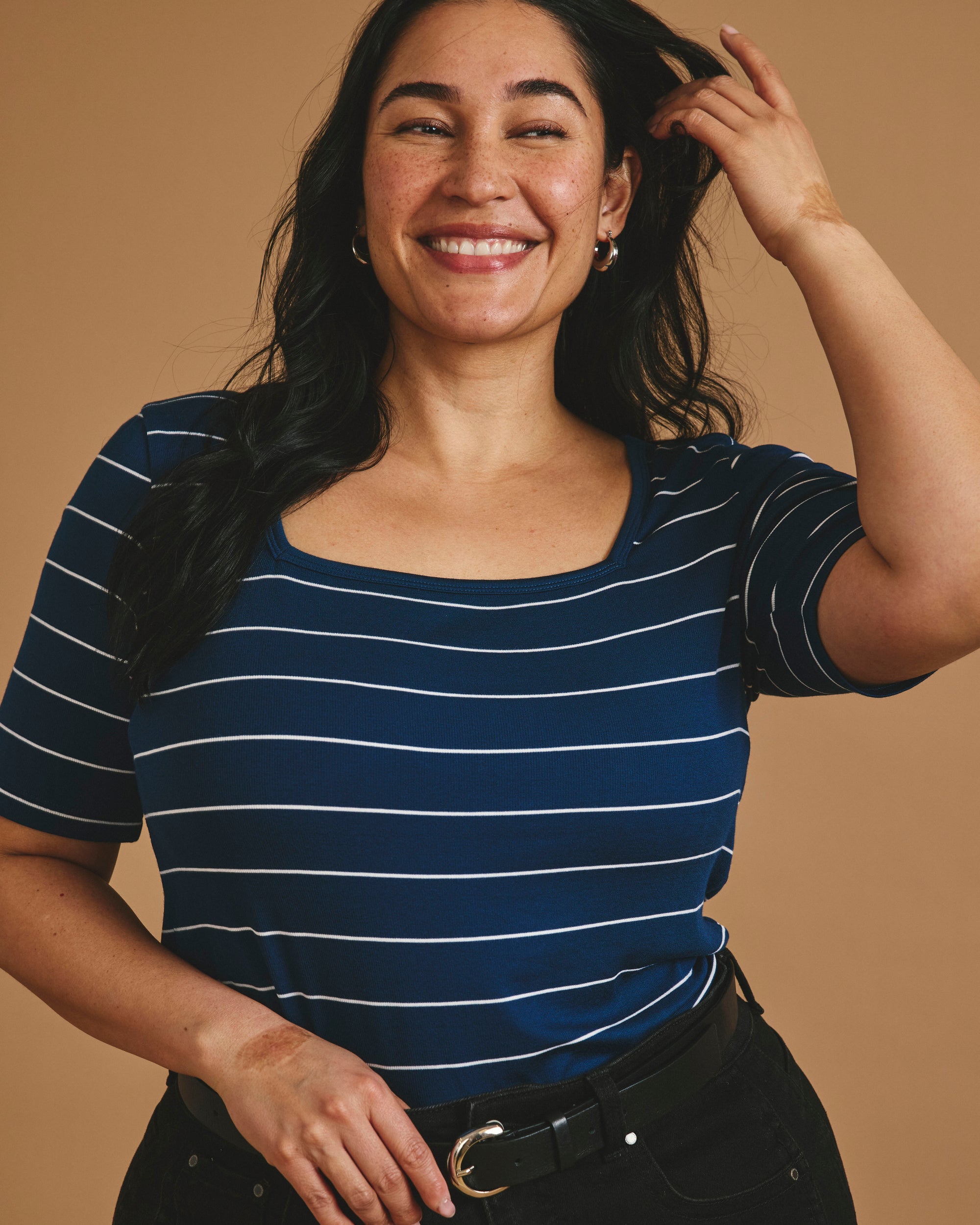 Cloud Rib Short Sleeve Square Neck Tee - Teal/White Microstripe | Plus Size & Straight Size Women's Fashion | Universal Standard